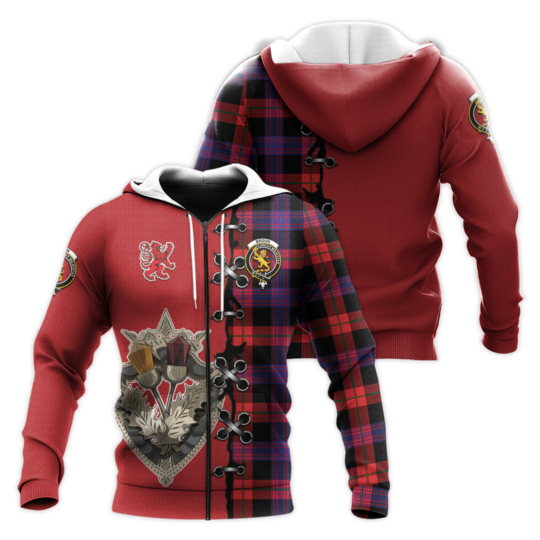 Broun Modern Tartan Hoodie - Lion Rampant And Celtic Thistle Style