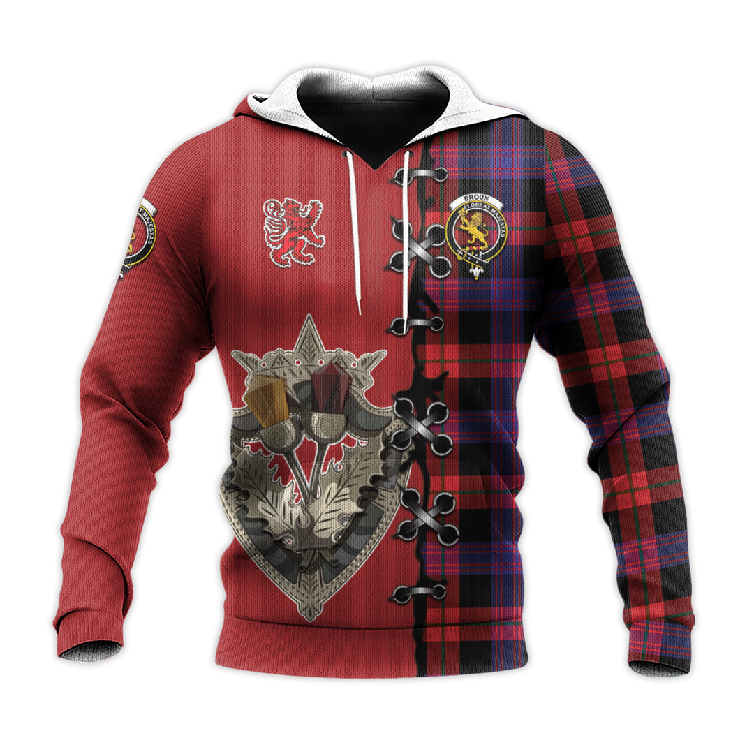 Broun Modern Tartan Hoodie - Lion Rampant And Celtic Thistle Style