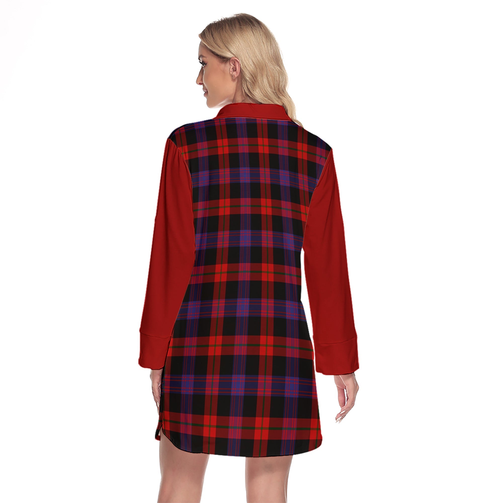 Broun Modern Tartan Women's Lapel Shirt Dress With Long Sleeve