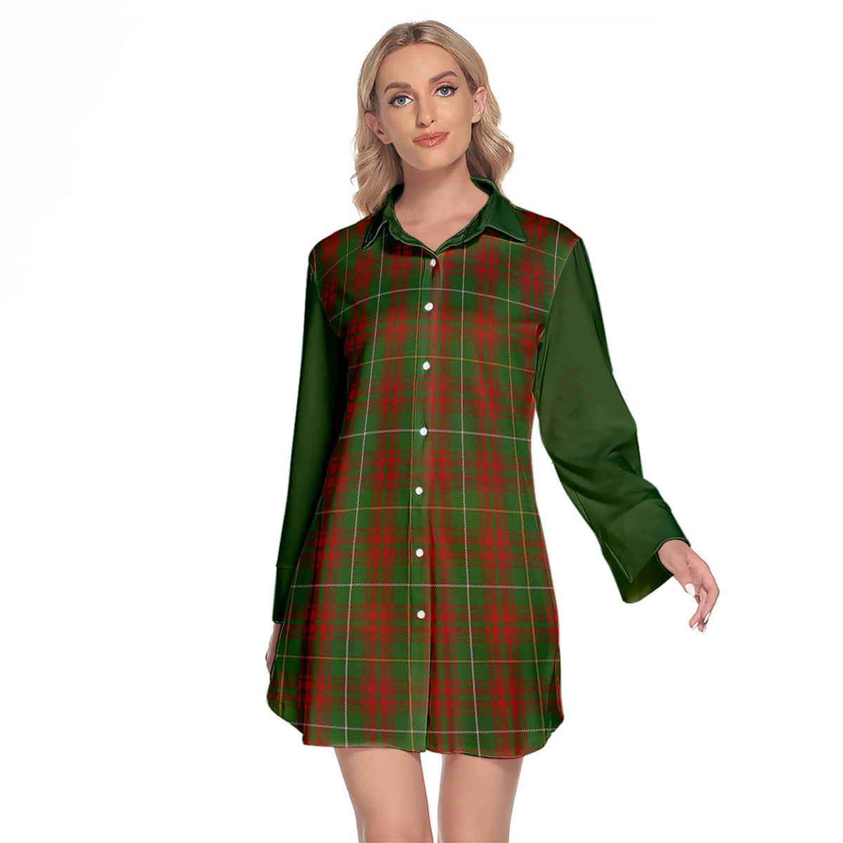 Bruce Hunting Tartan Women's Lapel Shirt Dress With Long Sleeve