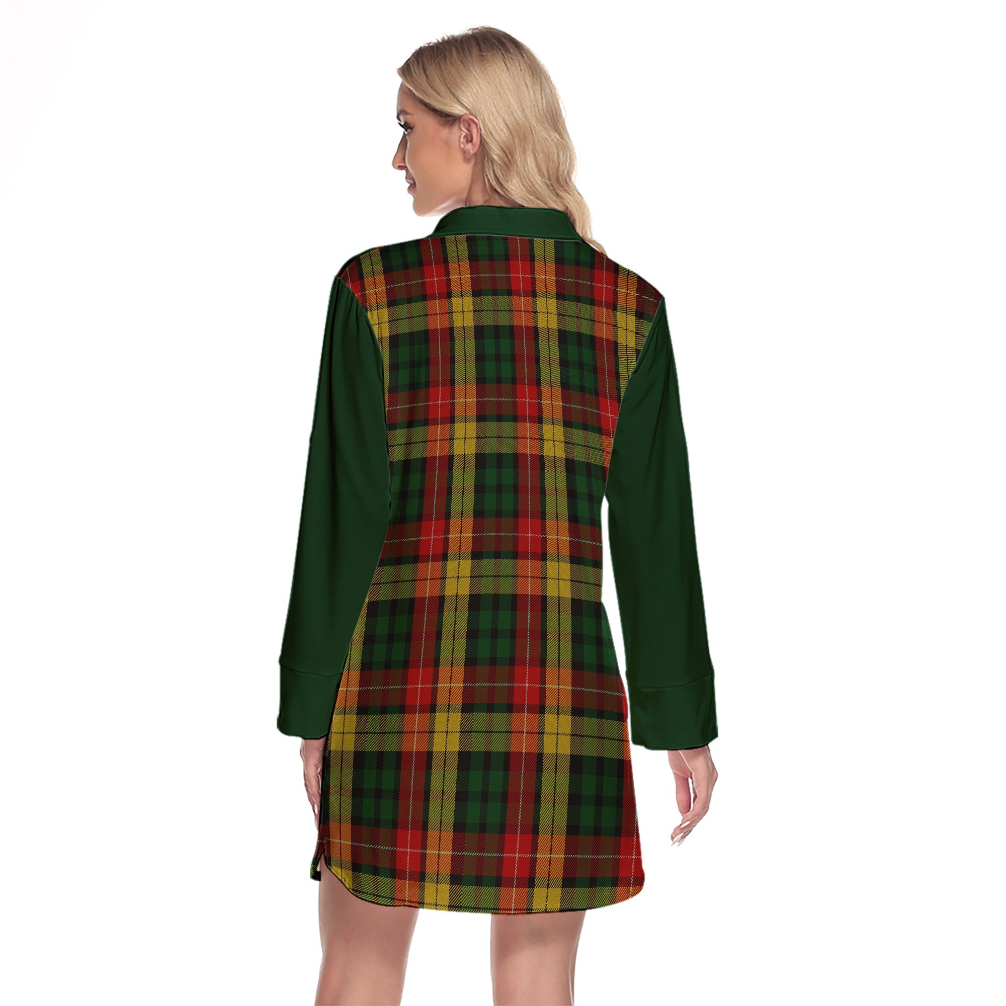 Buchanan Tartan Women's Lapel Shirt Dress With Long Sleeve