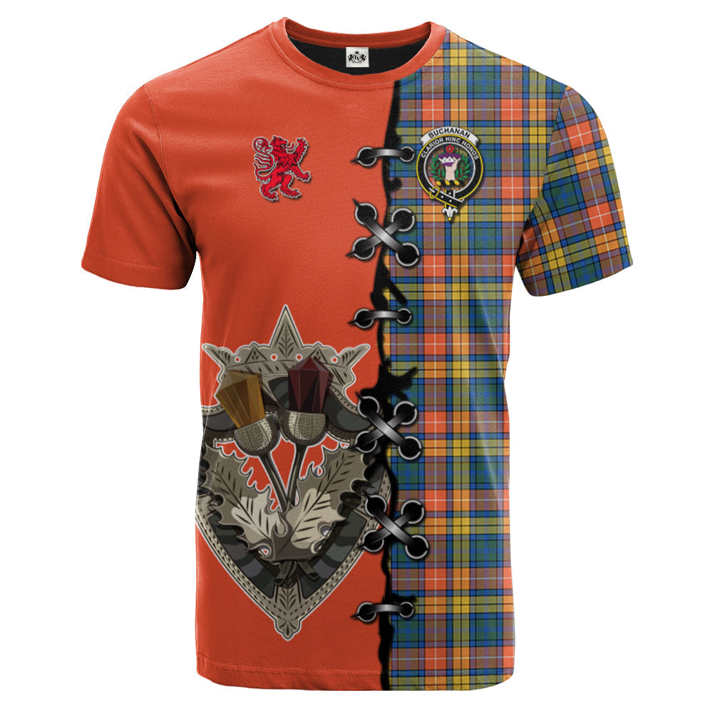 Buchanan Ancient Tartan T-shirt - Lion Rampant And Celtic Thistle Style