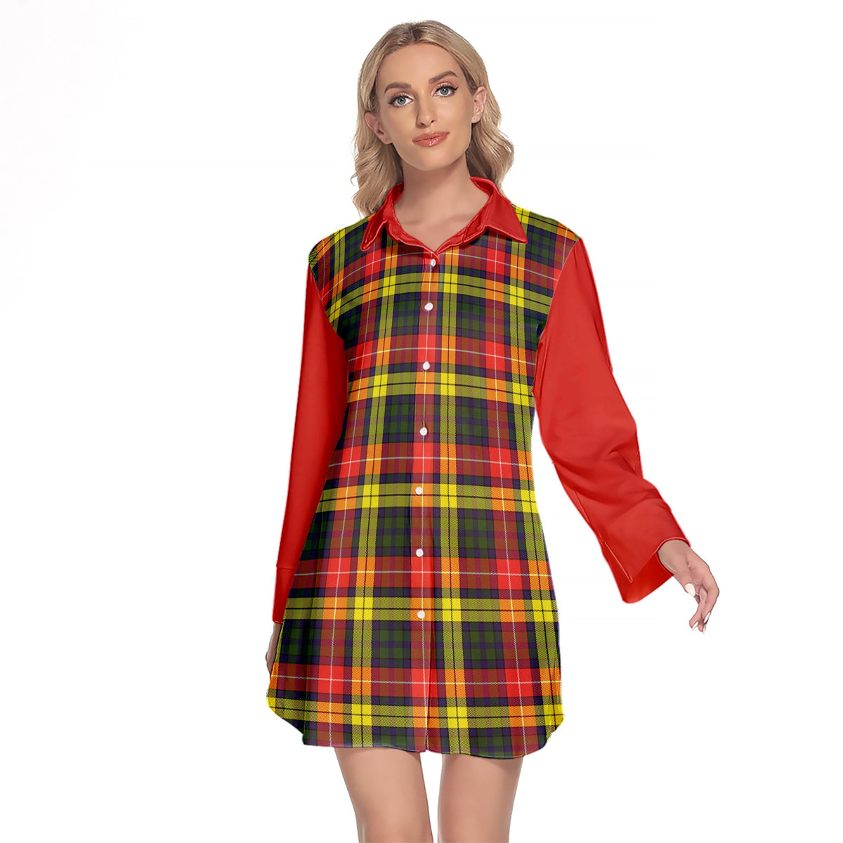 Buchanan Modern Tartan Women's Lapel Shirt Dress With Long Sleeve