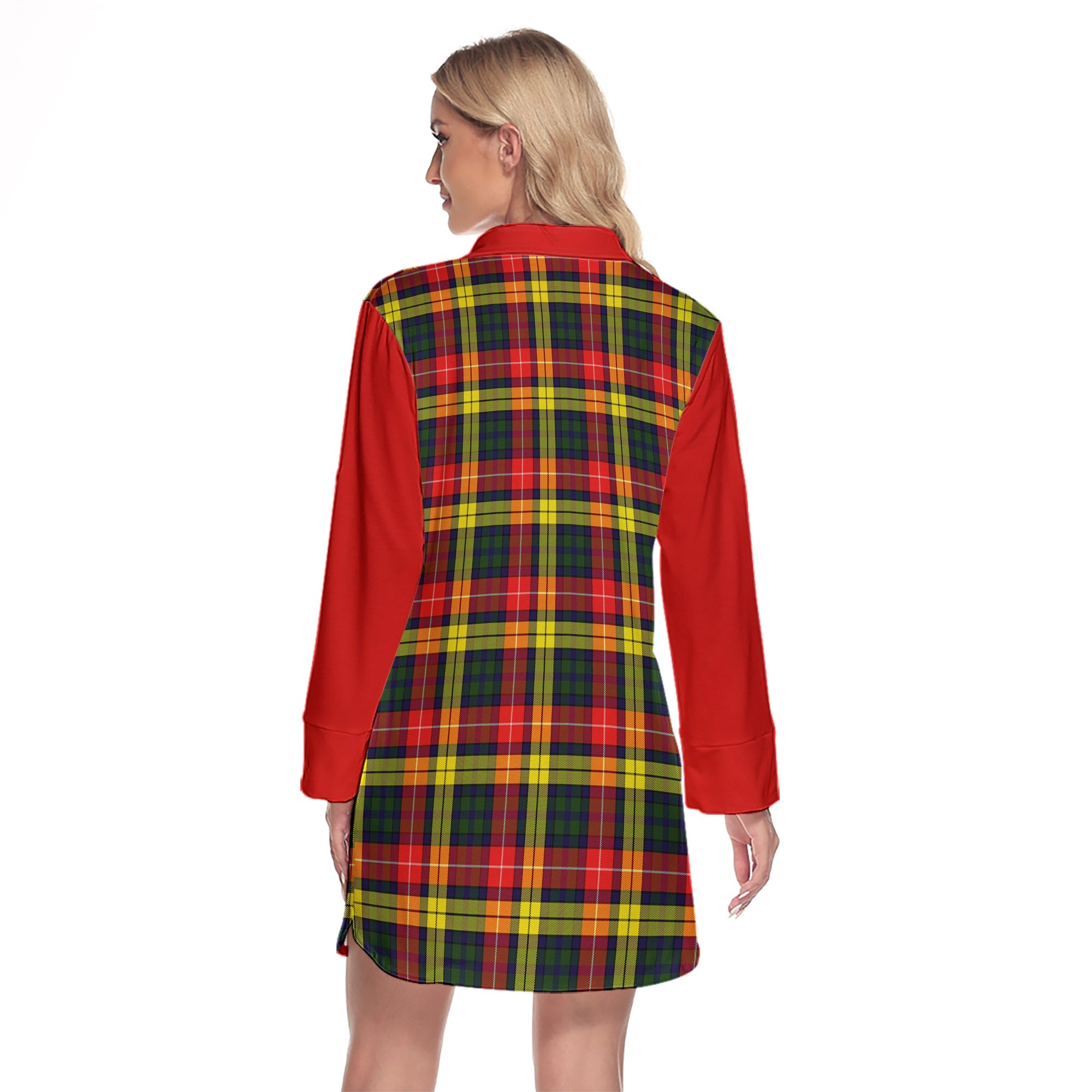 Buchanan Modern Tartan Women's Lapel Shirt Dress With Long Sleeve