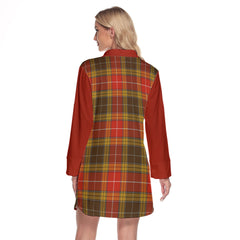 Buchanan Old Set Weathered Tartan Women's Lapel Shirt Dress With Long Sleeve