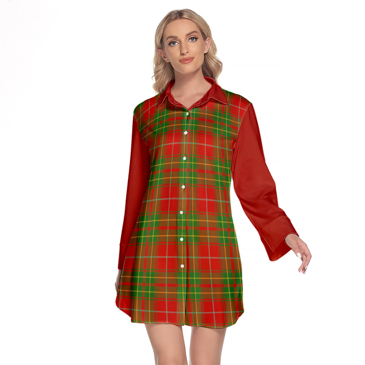 Burnett Ancient Tartan Women's Lapel Shirt Dress With Long Sleeve