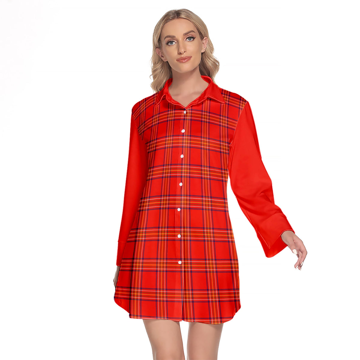 Burnett Modern Tartan Women's Lapel Shirt Dress With Long Sleeve