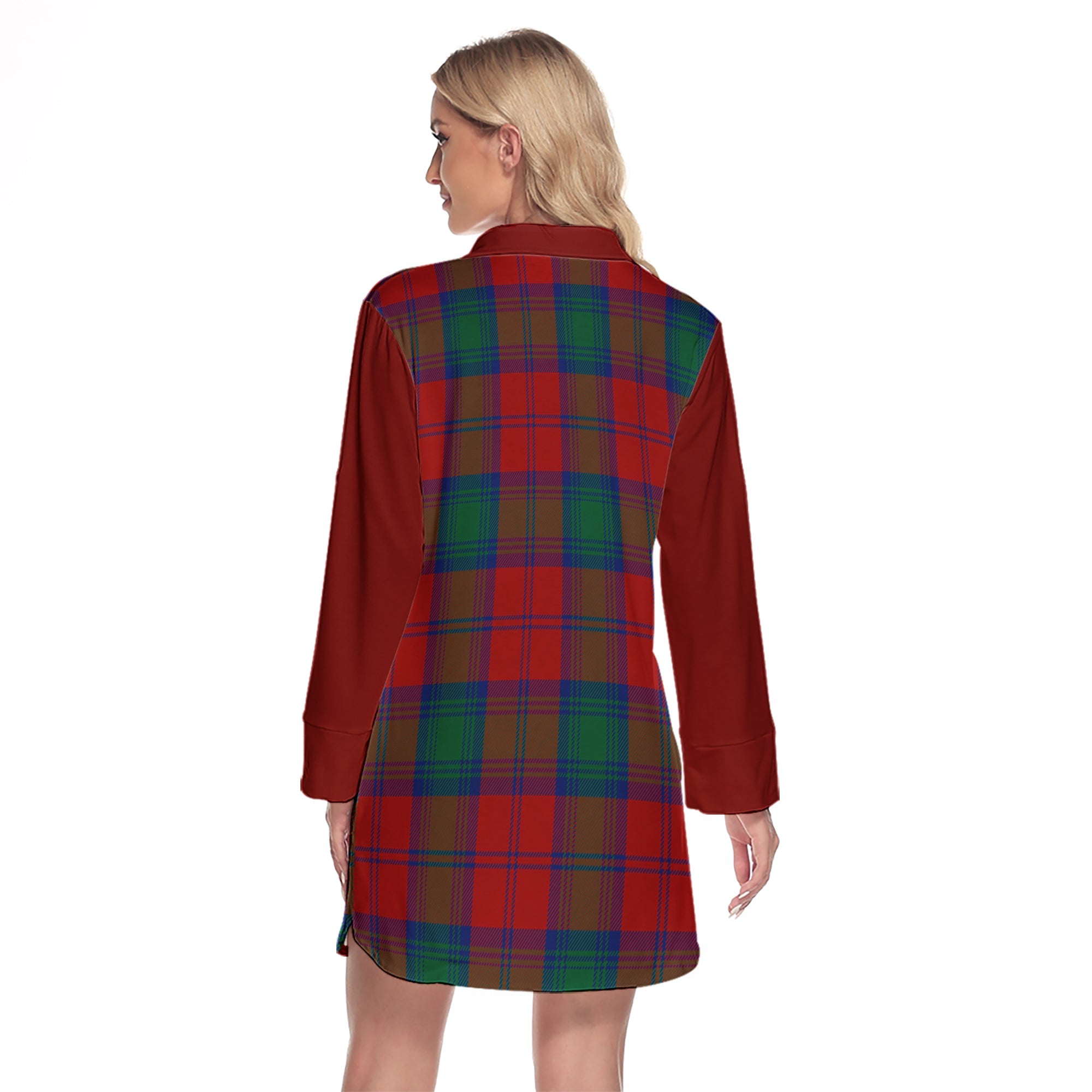 Byres (Byses) Tartan Women's Lapel Shirt Dress With Long Sleeve