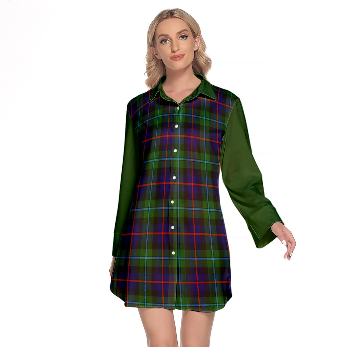 Calder Modern Tartan Women's Lapel Shirt Dress With Long Sleeve