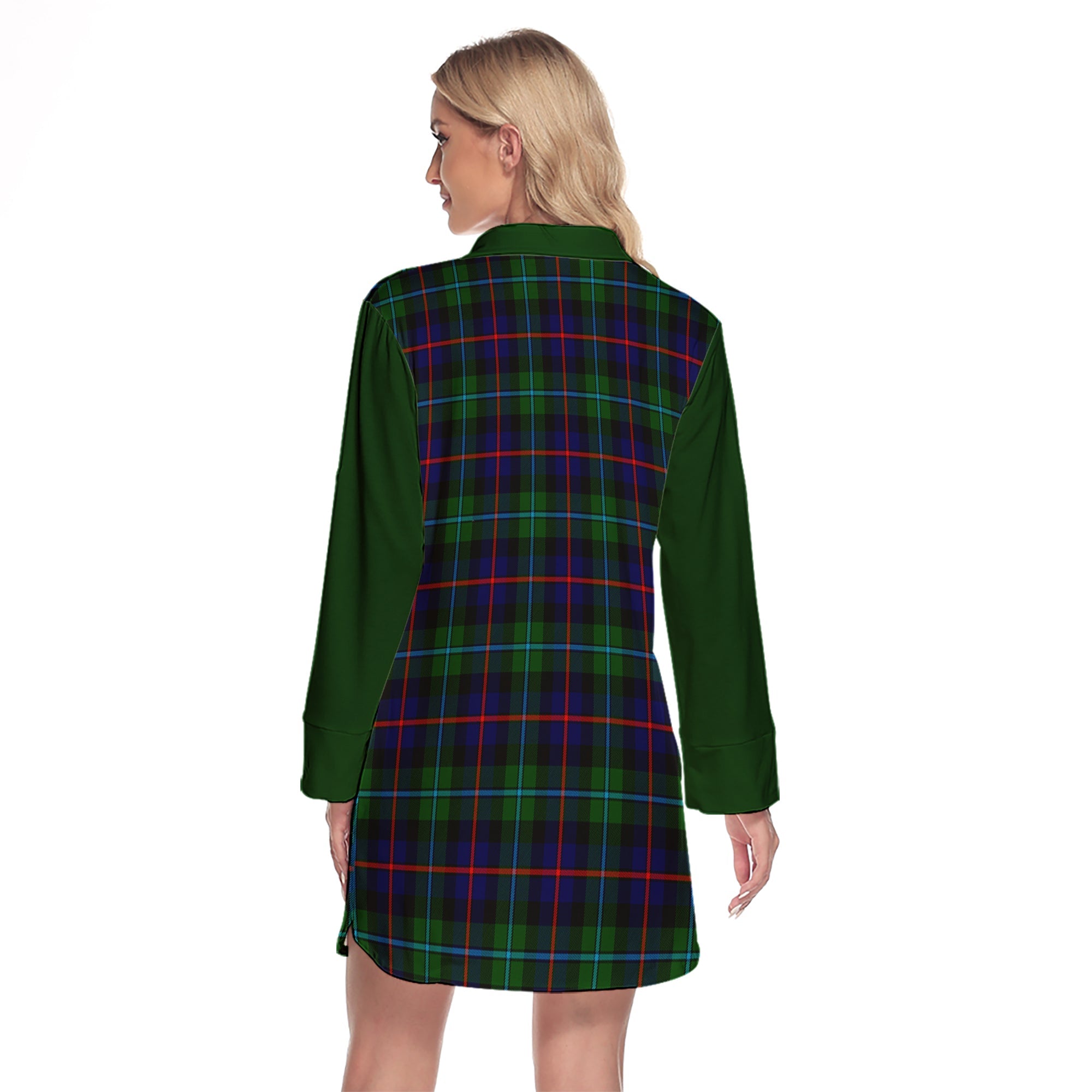 Calder Modern Tartan Women's Lapel Shirt Dress With Long Sleeve