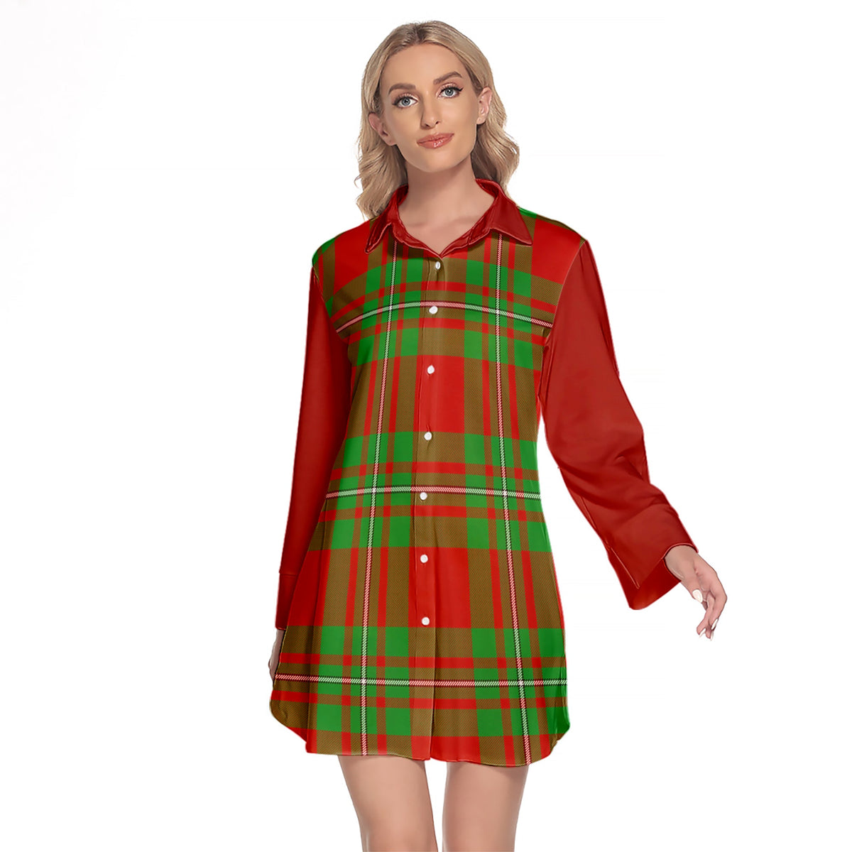 Callander Modern Tartan Women's Lapel Shirt Dress With Long Sleeve