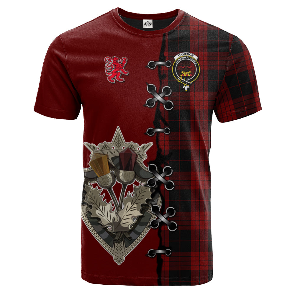 Cameron Black And Red Tartan T-shirt - Lion Rampant And Celtic Thistle Style