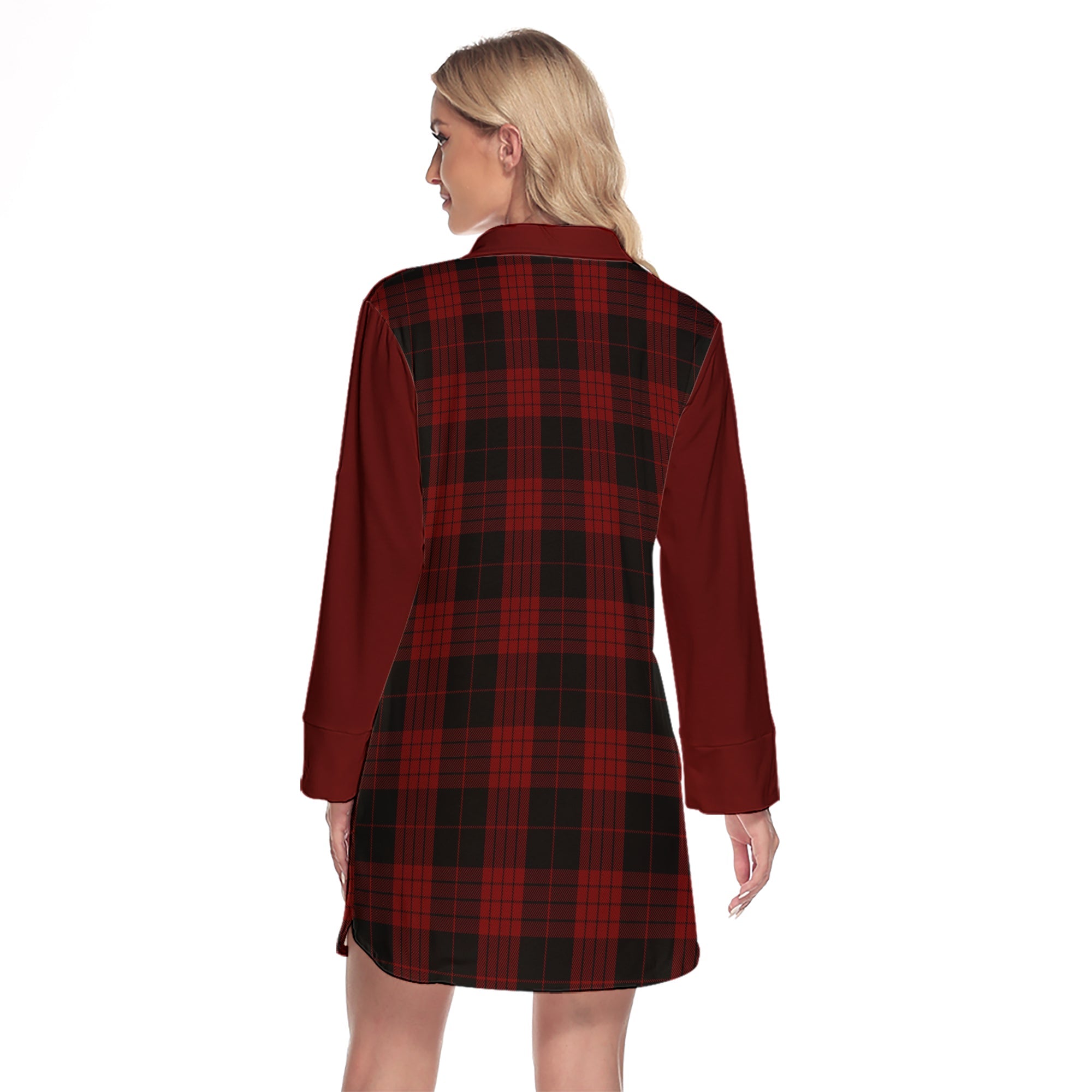 Cameron Black And Red Tartan Women's Lapel Shirt Dress With Long Sleeve