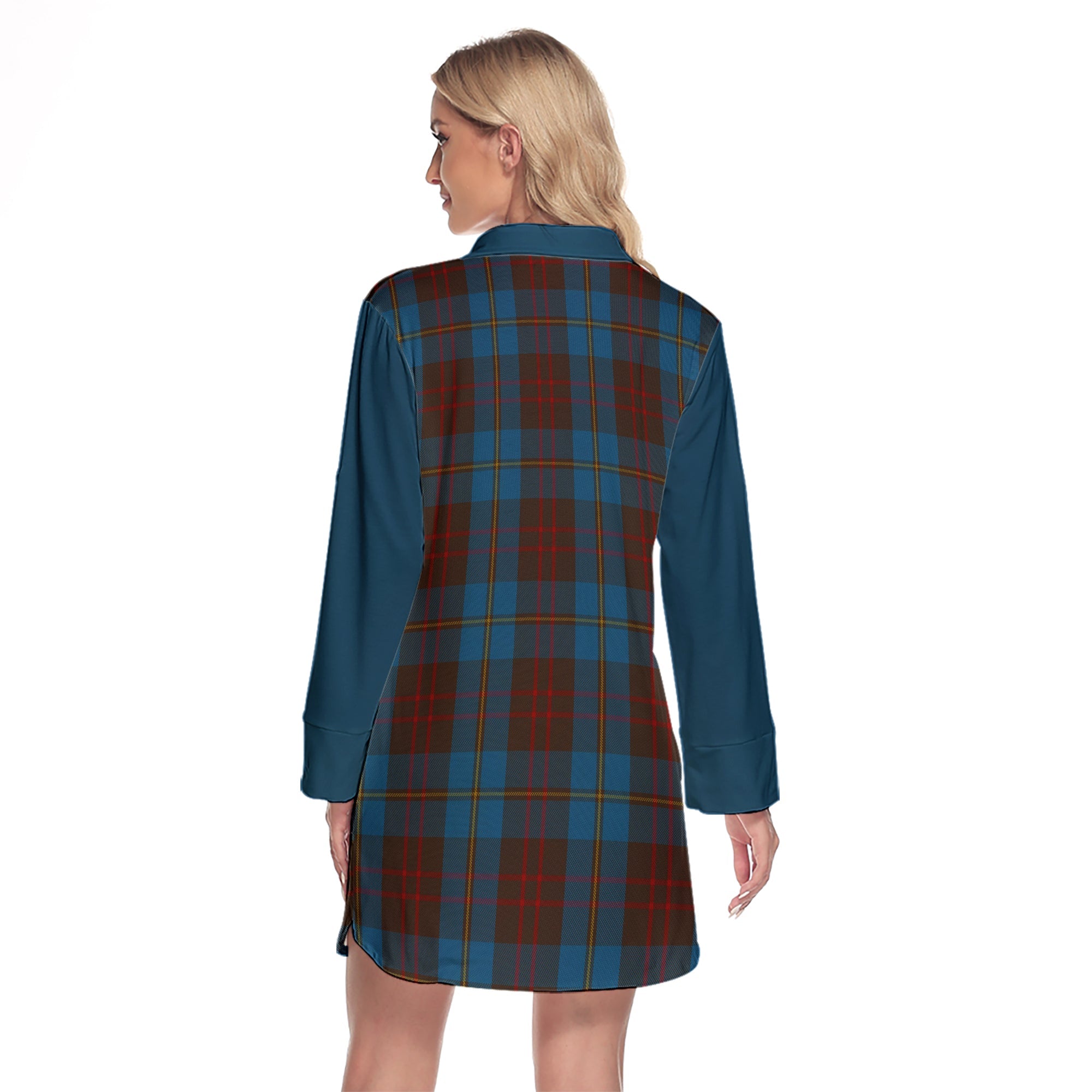 Cameron Hunting Tartan Women's Lapel Shirt Dress With Long Sleeve