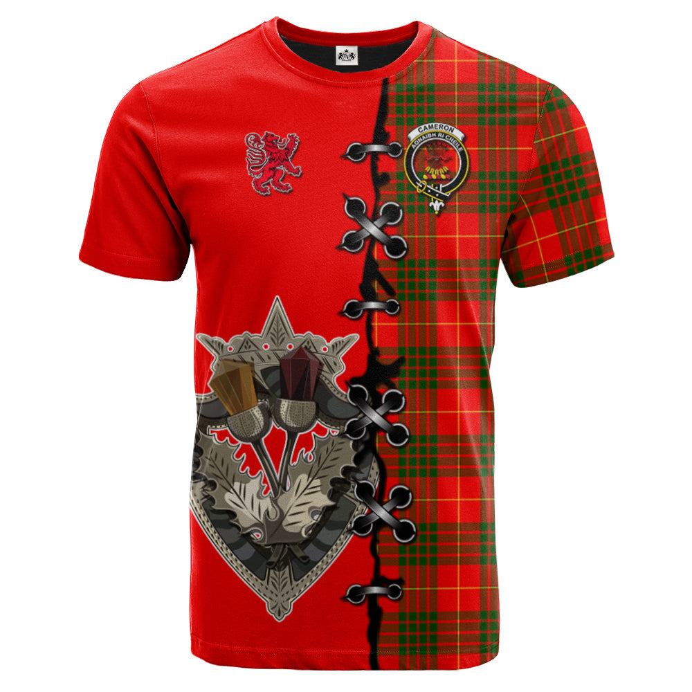 Cameron Modern Tartan T-shirt - Lion Rampant And Celtic Thistle Style