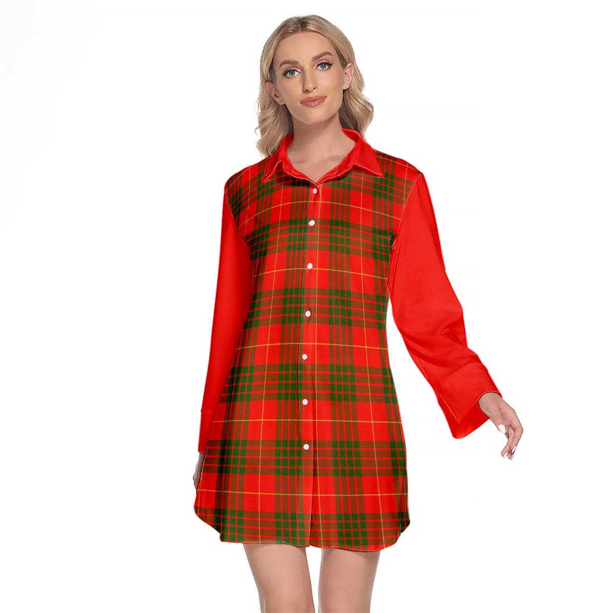 Cameron Modern Tartan Women's Lapel Shirt Dress With Long Sleeve