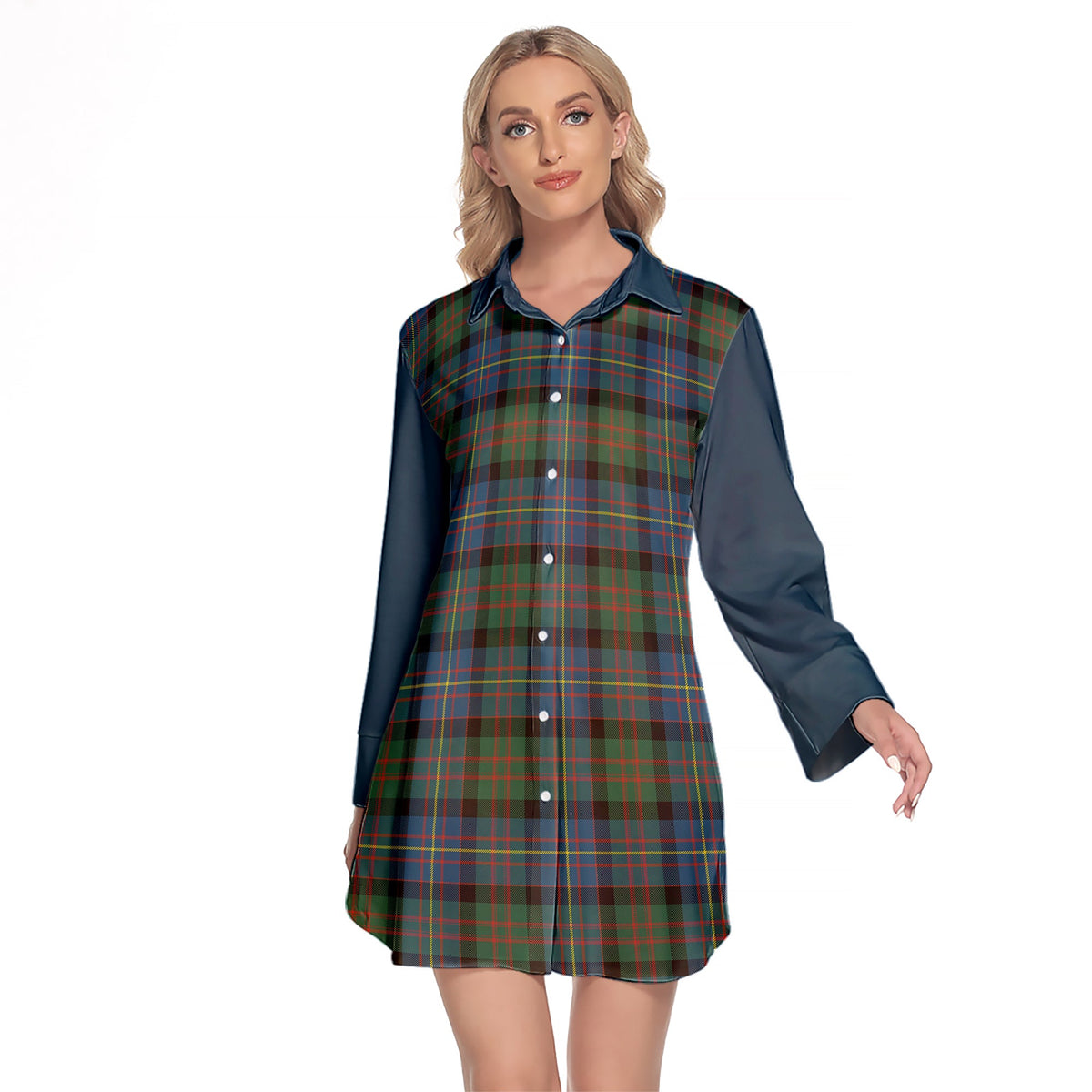 Cameron Of Erracht Ancient Tartan Women's Lapel Shirt Dress With Long Sleeve