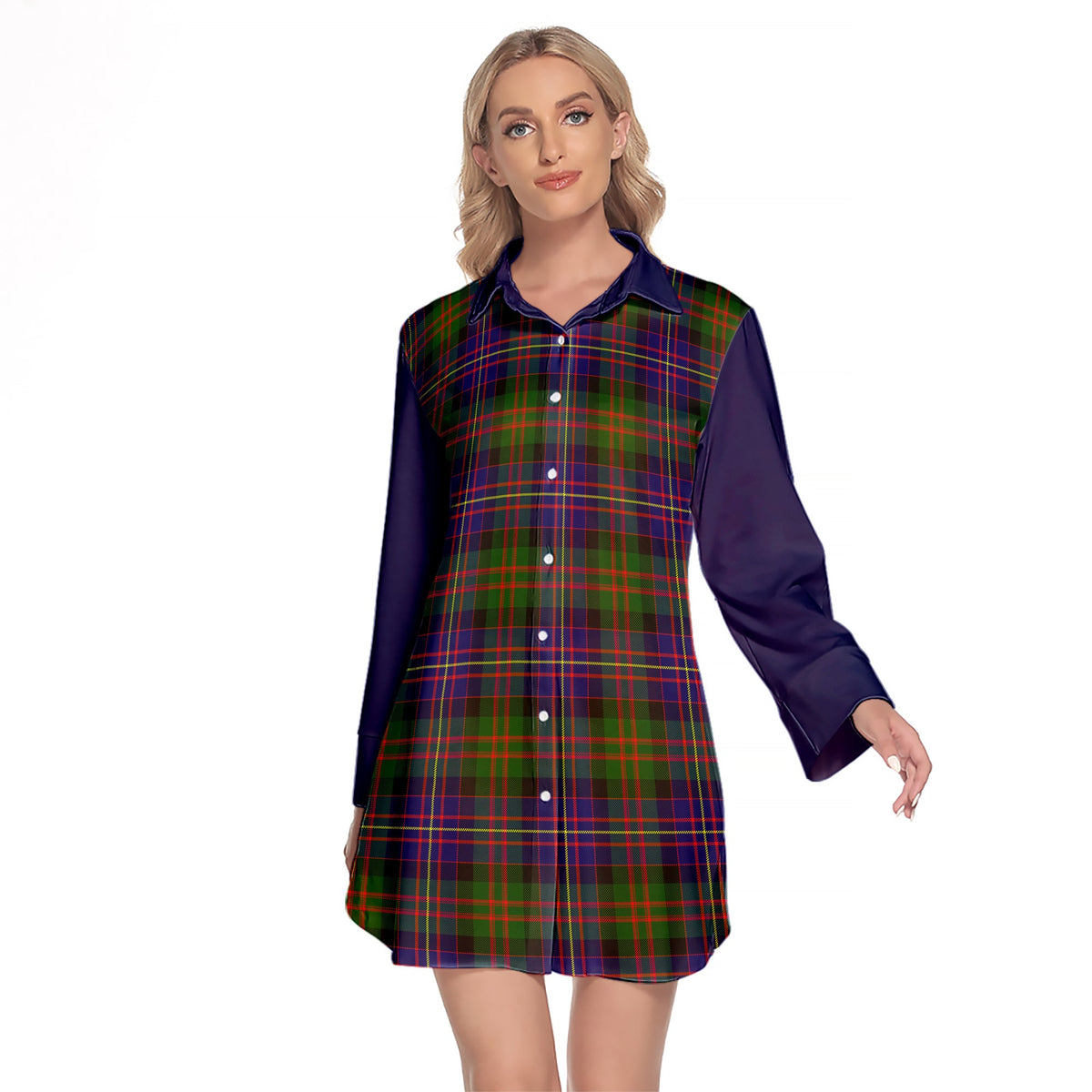 Cameron Of Erracht Modern Tartan Women's Lapel Shirt Dress With Long Sleeve