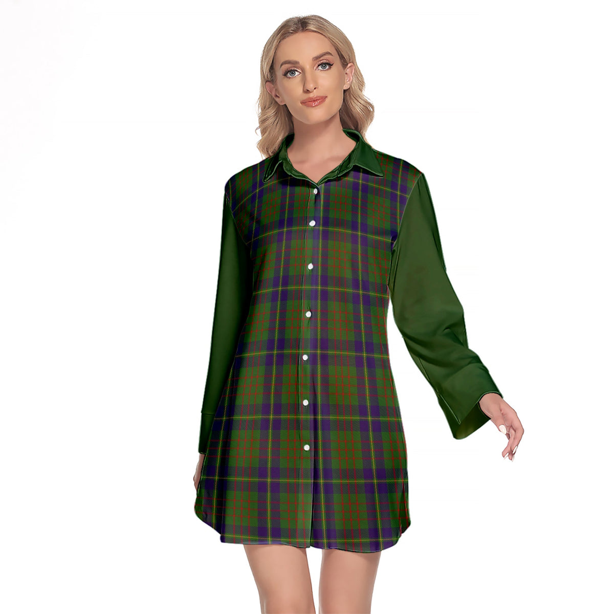 Cameron Of Lochiel Hunting Tartan Women's Lapel Shirt Dress With Long Sleeve