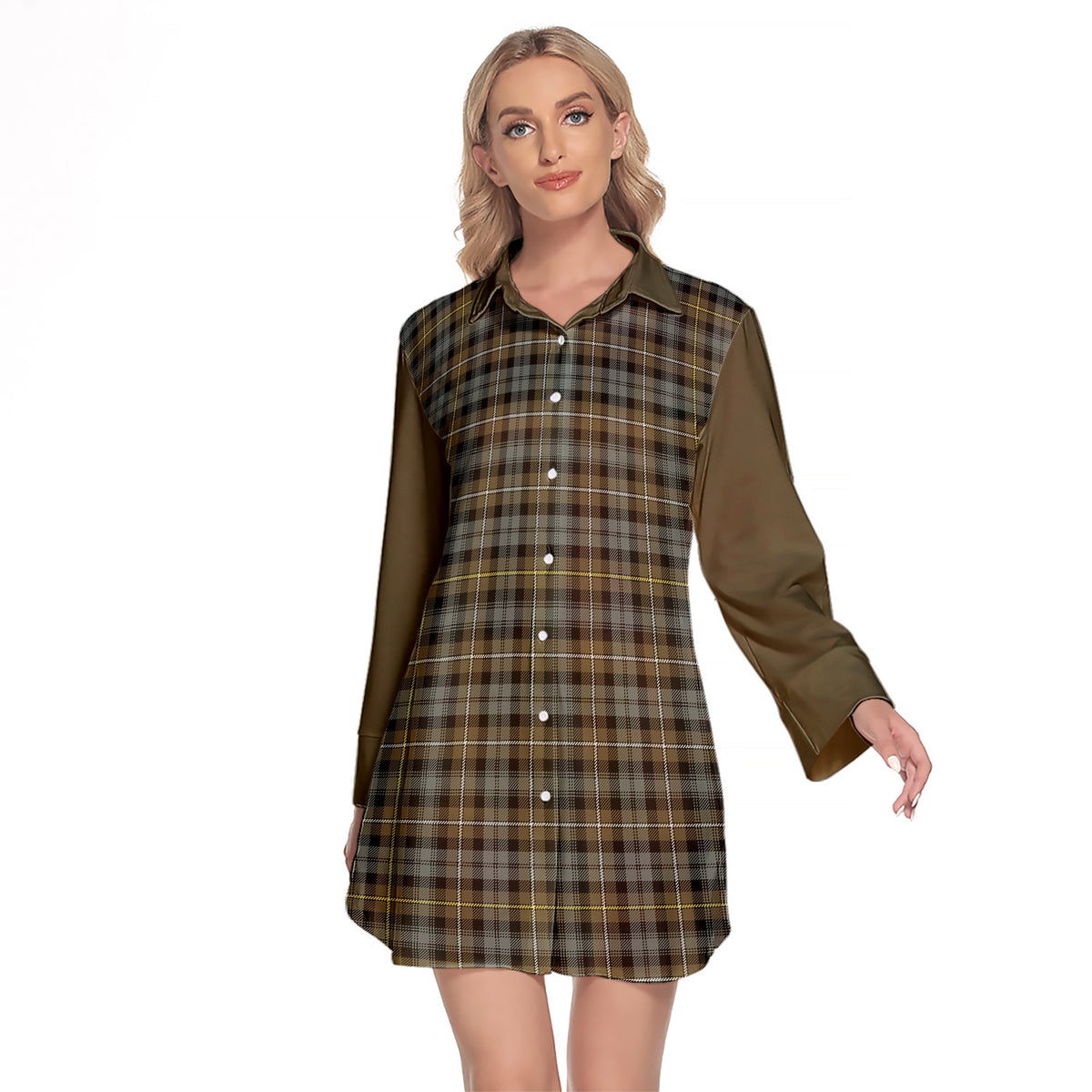 Campbell Argyll Weathered Tartan Women's Lapel Shirt Dress With Long Sleeve