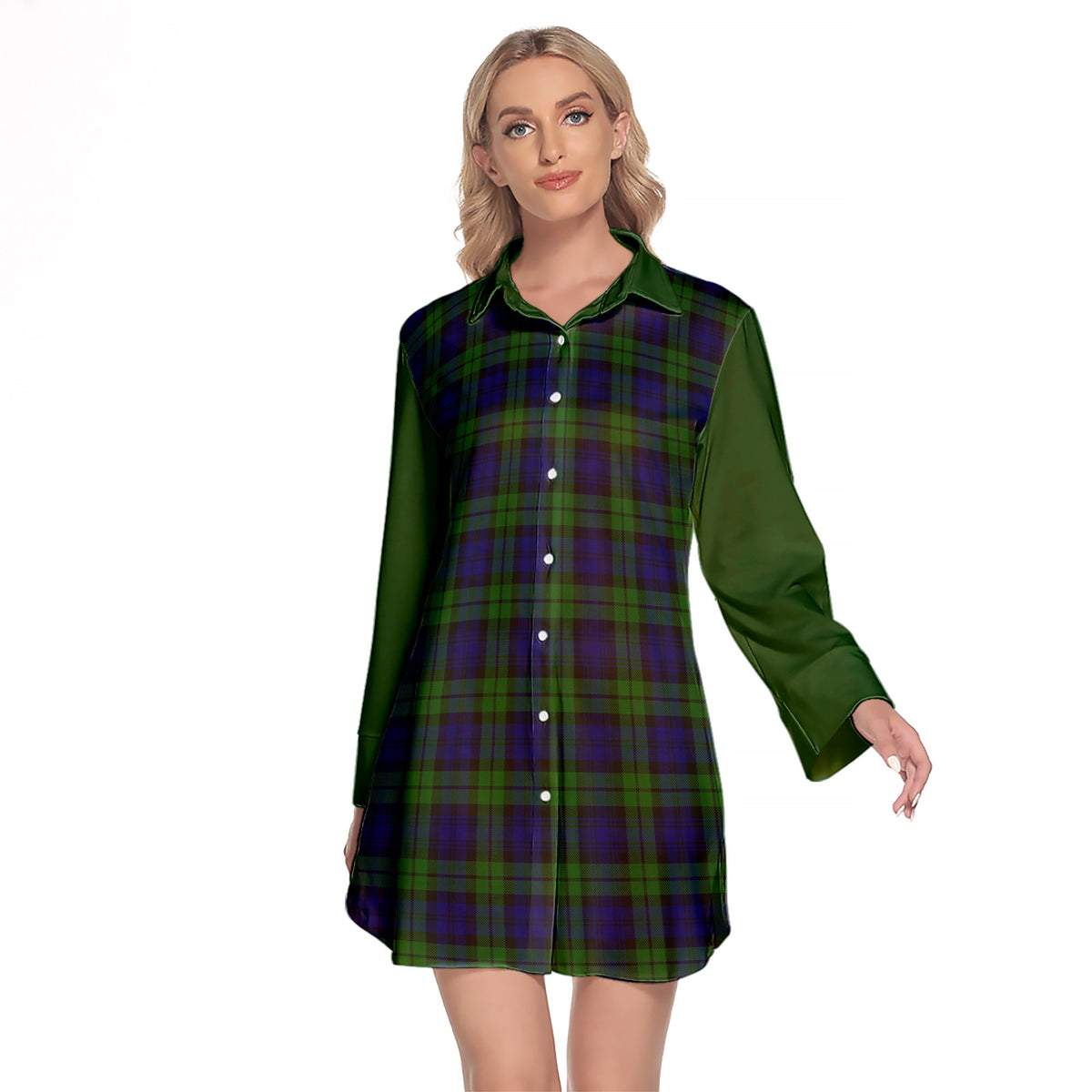 Campbell Modern Tartan Women's Lapel Shirt Dress With Long Sleeve