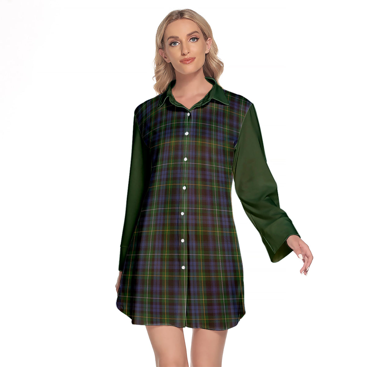 Campbell Of Argyll 01 Tartan Women's Lapel Shirt Dress With Long Sleeve