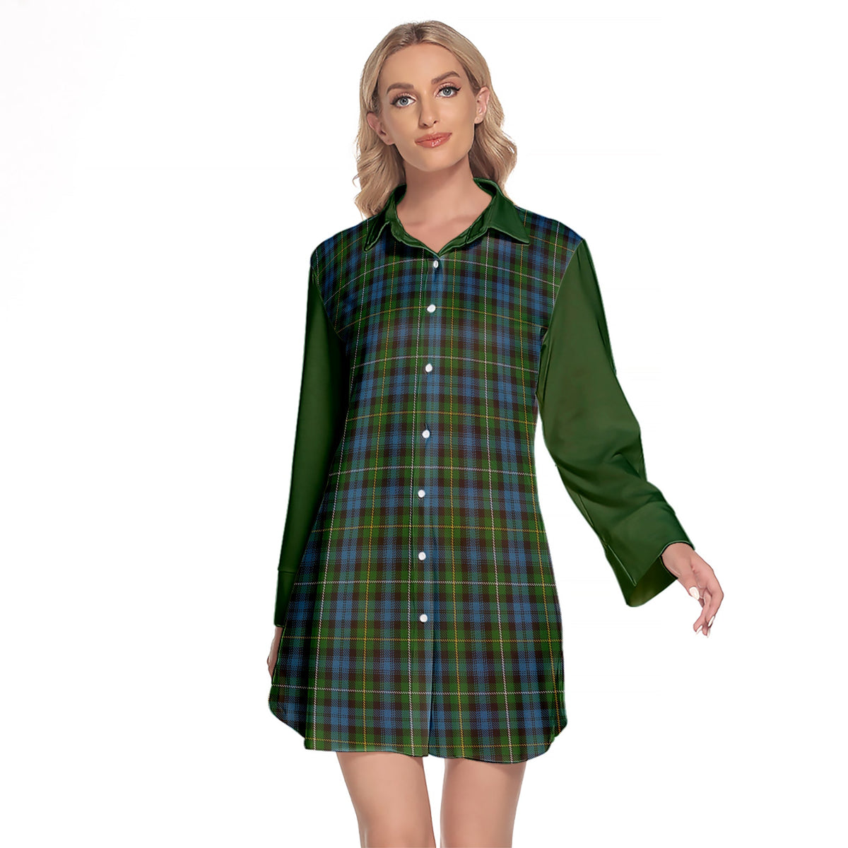 Campbell Of Argyll 02 Tartan Women's Lapel Shirt Dress With Long Sleeve