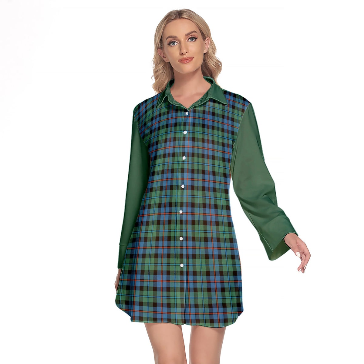 Campbell Of Cawdor Ancient Tartan Women's Lapel Shirt Dress With Long Sleeve