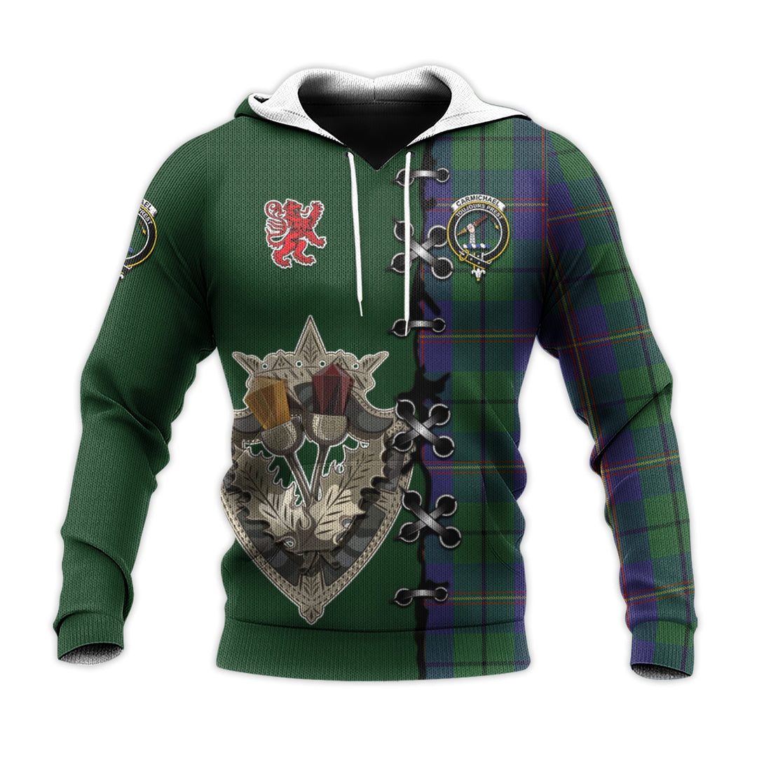 Carmichael Tartan Hoodie - Lion Rampant And Celtic Thistle Style