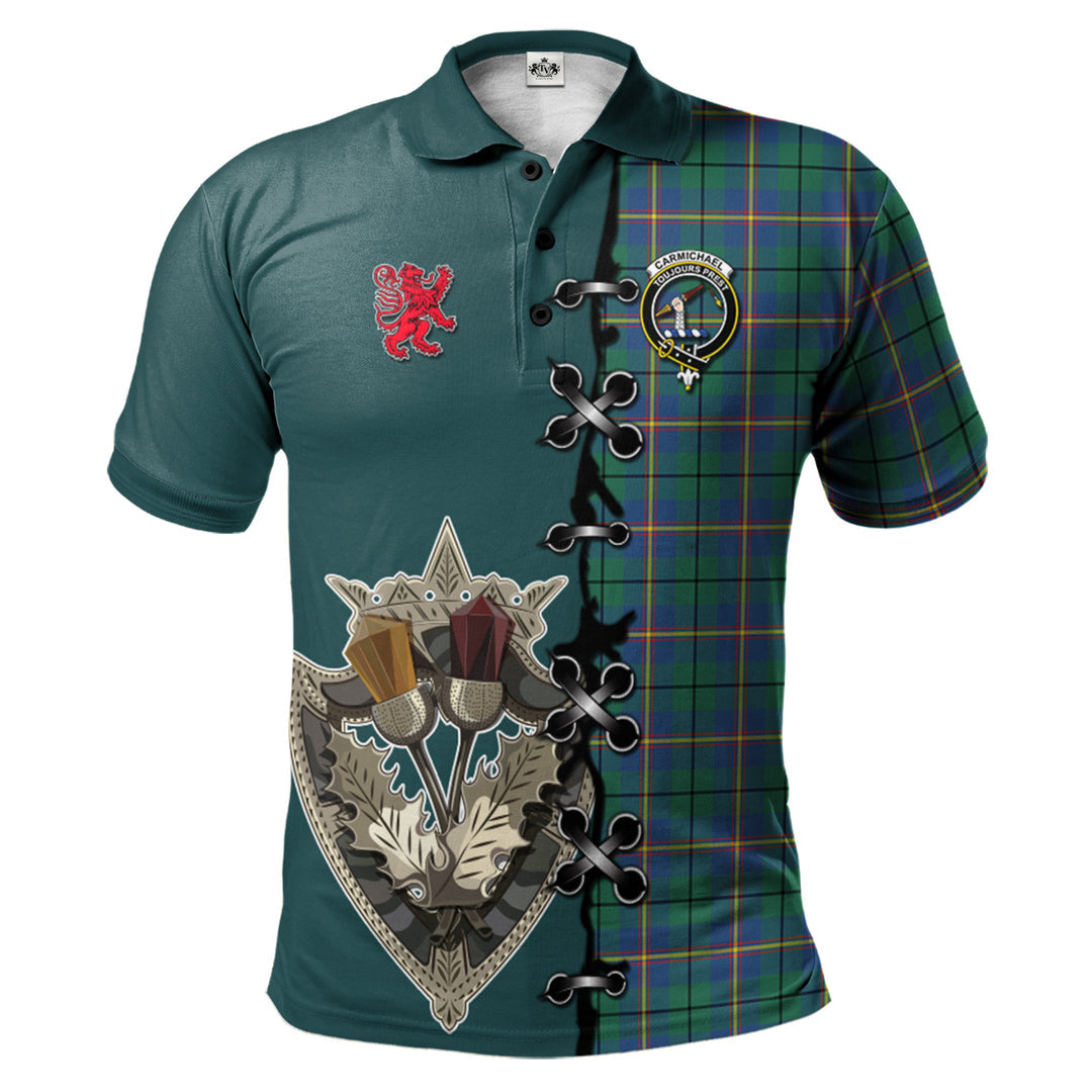 Carmichael Ancient Tartan Polo Shirt - Lion Rampant And Celtic Thistle Style