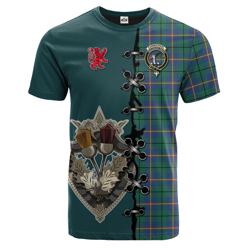 Carmichael Ancient Tartan T-shirt - Lion Rampant And Celtic Thistle Style