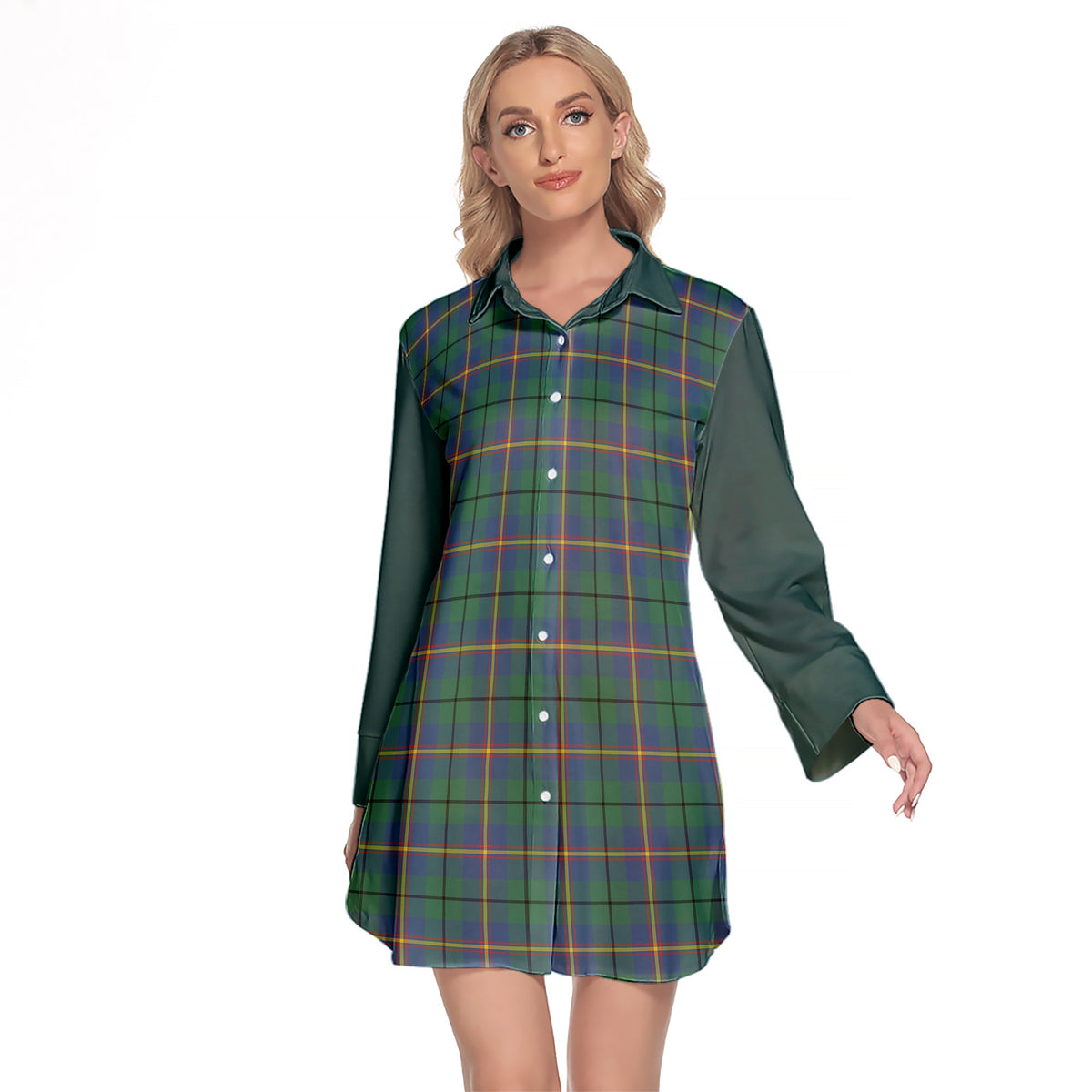 Carmichael Ancient Tartan Women's Lapel Shirt Dress With Long Sleeve