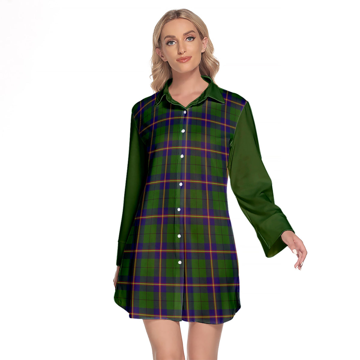 Carmichael Modern Tartan Women's Lapel Shirt Dress With Long Sleeve