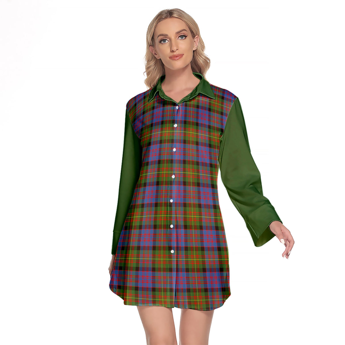 Carnegie Ancient Tartan Women's Lapel Shirt Dress With Long Sleeve