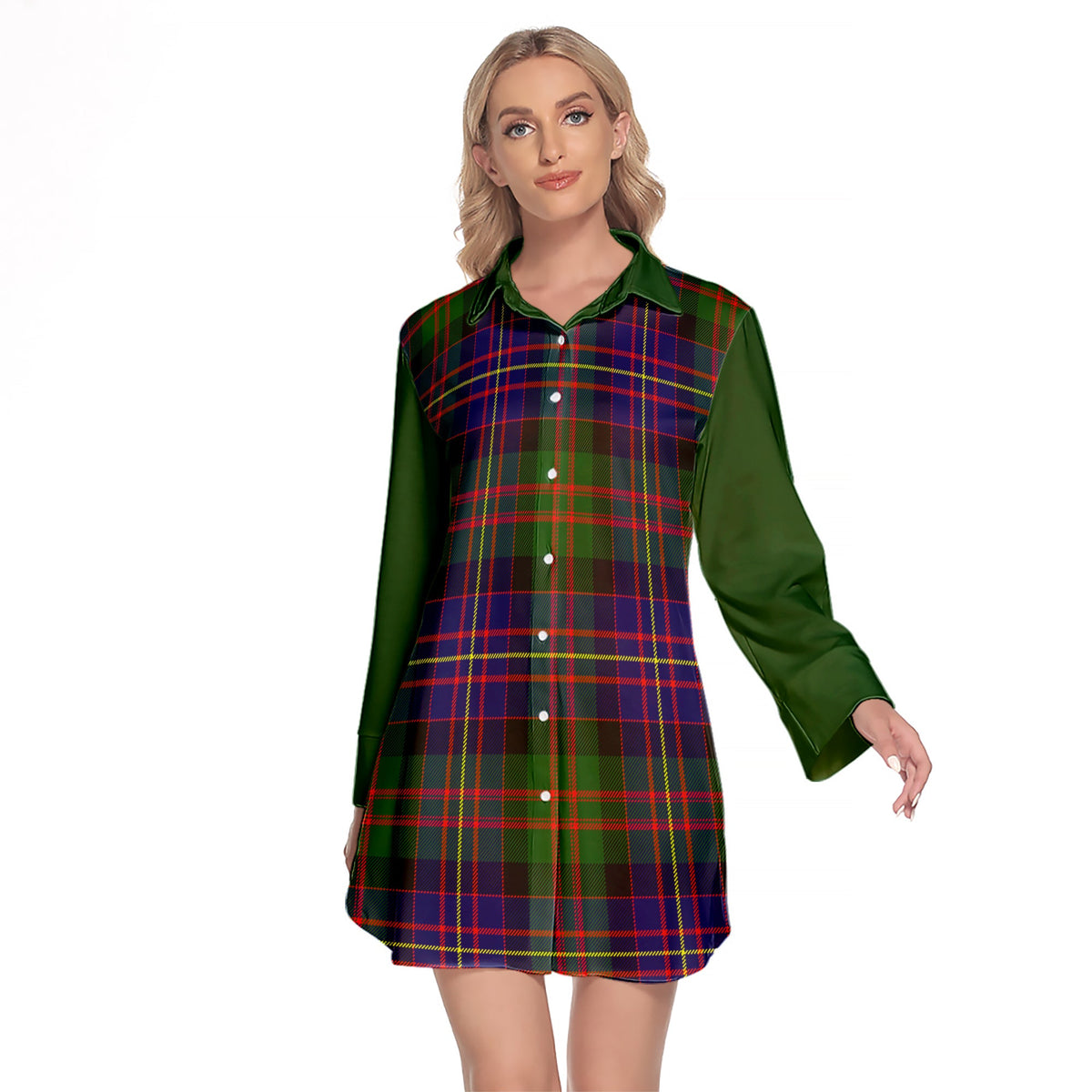 Chalmers Modern Tartan Women's Lapel Shirt Dress With Long Sleeve