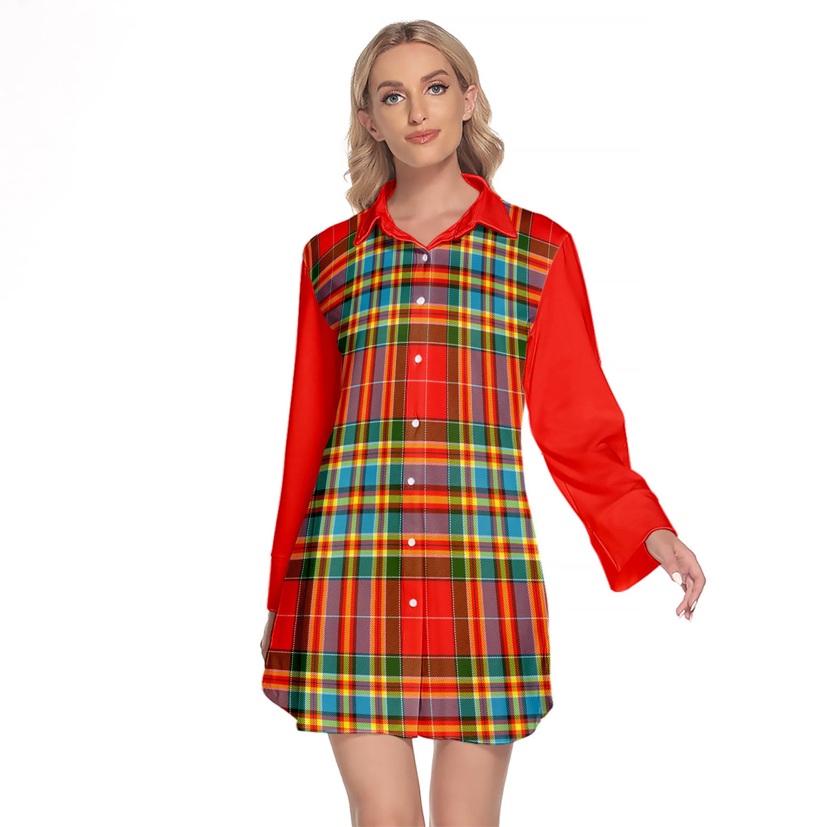 Chattan Tartan Women's Lapel Shirt Dress With Long Sleeve