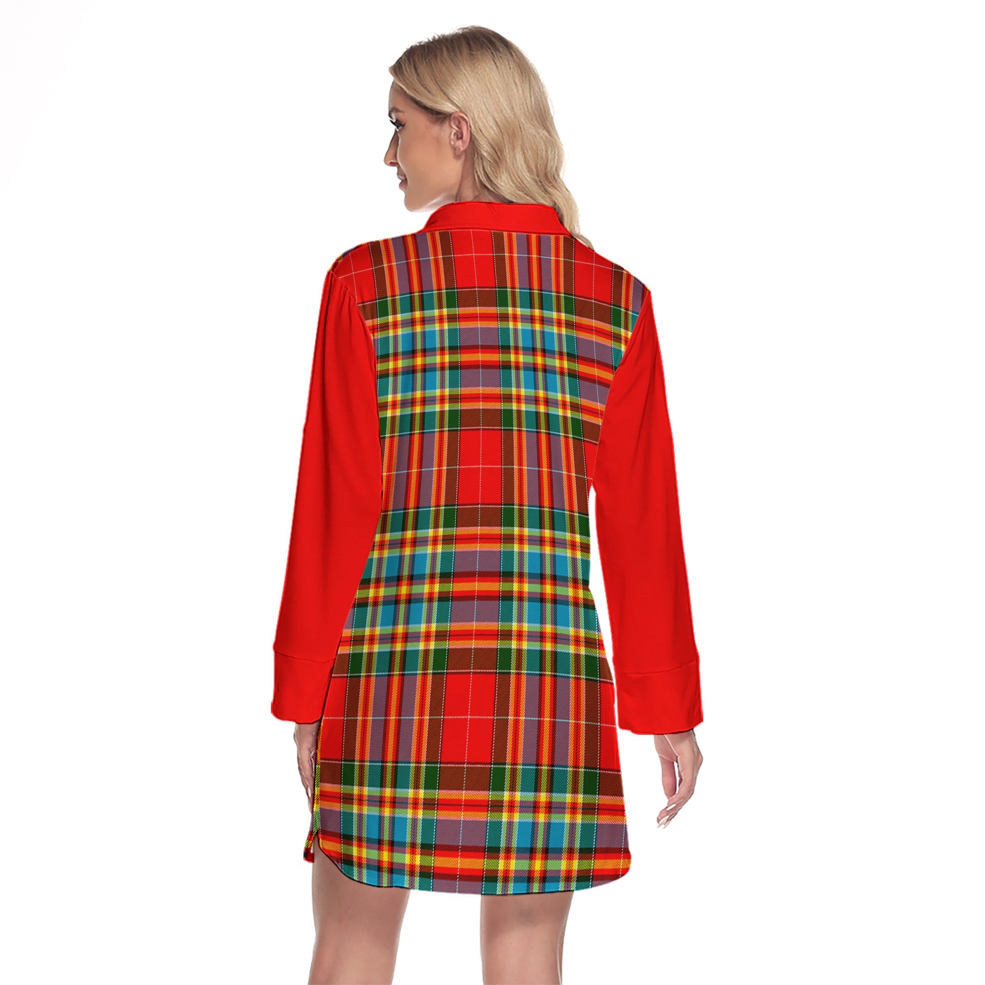 Chattan Tartan Women's Lapel Shirt Dress With Long Sleeve