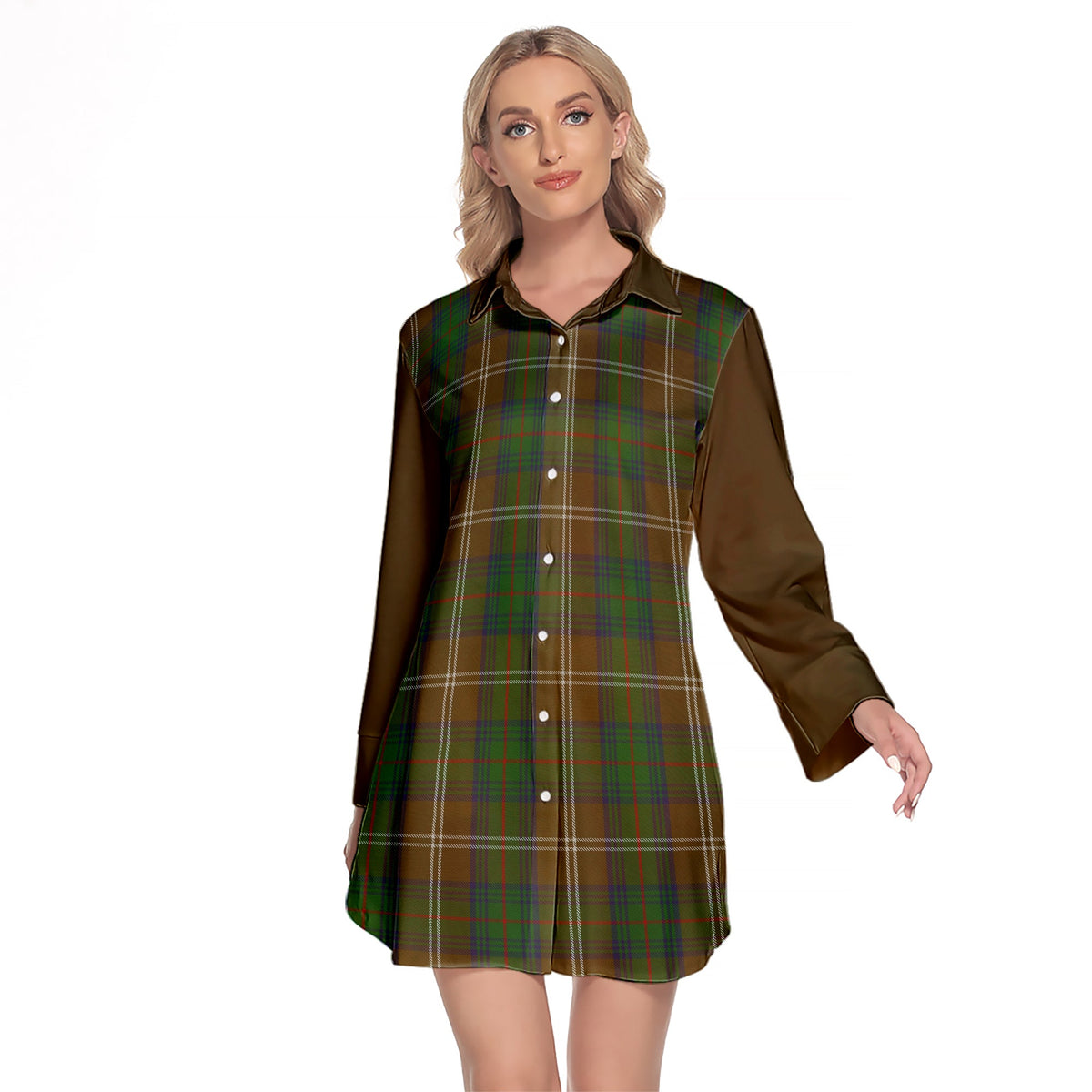 Chisholm Hunting Tartan Women's Lapel Shirt Dress With Long Sleeve