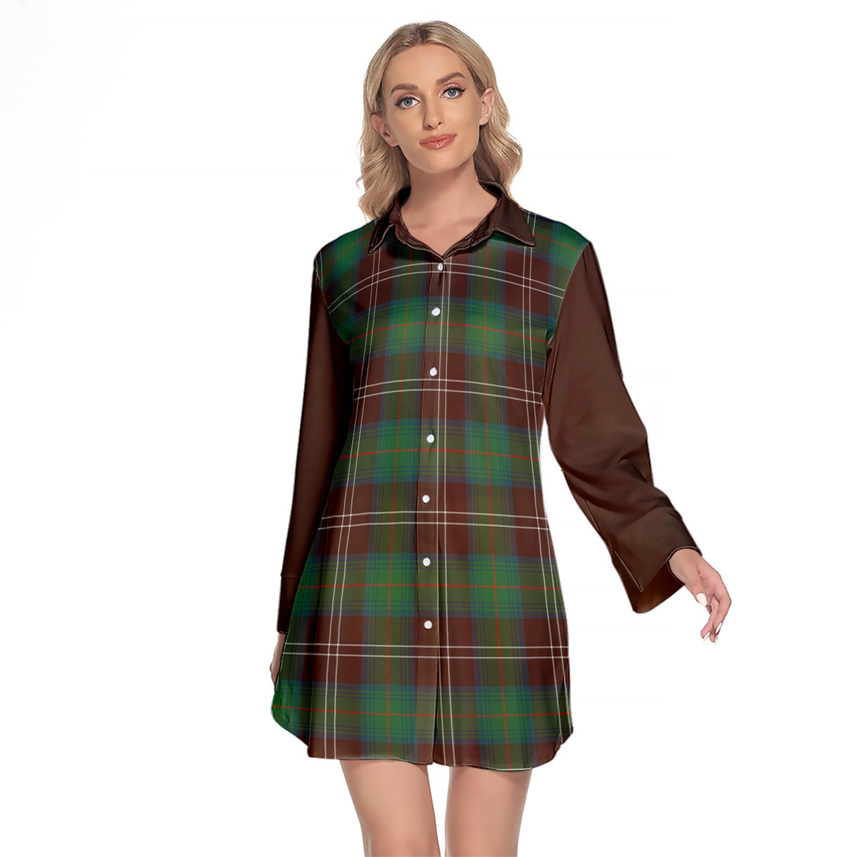 Chisholm Hunting Ancient Tartan Women's Lapel Shirt Dress With Long Sleeve