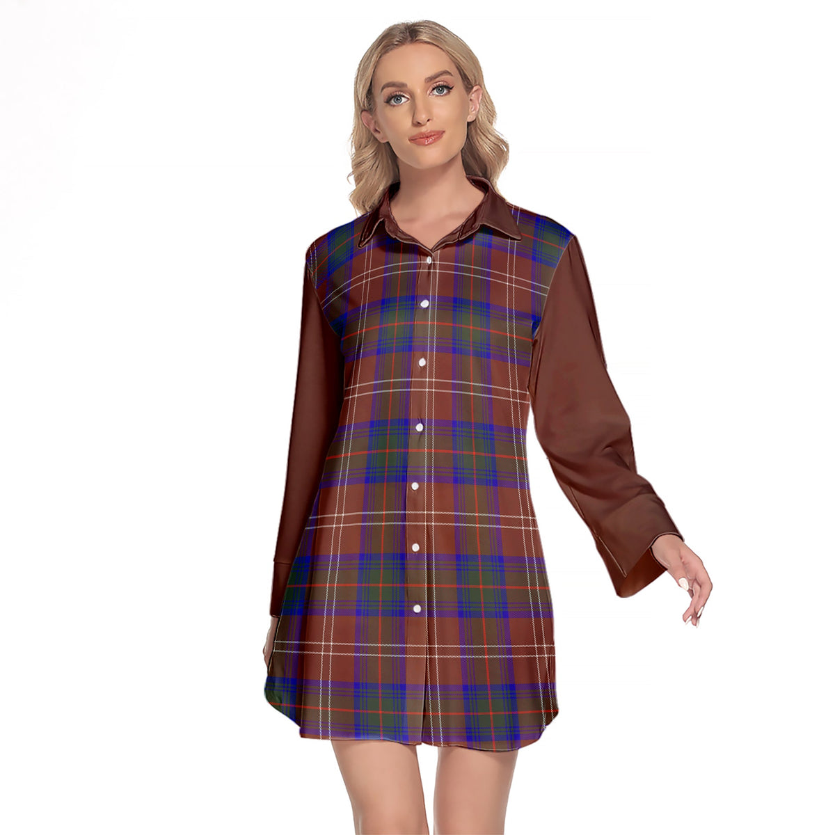 Chisholm Hunting Modern Tartan Women's Lapel Shirt Dress With Long Sleeve