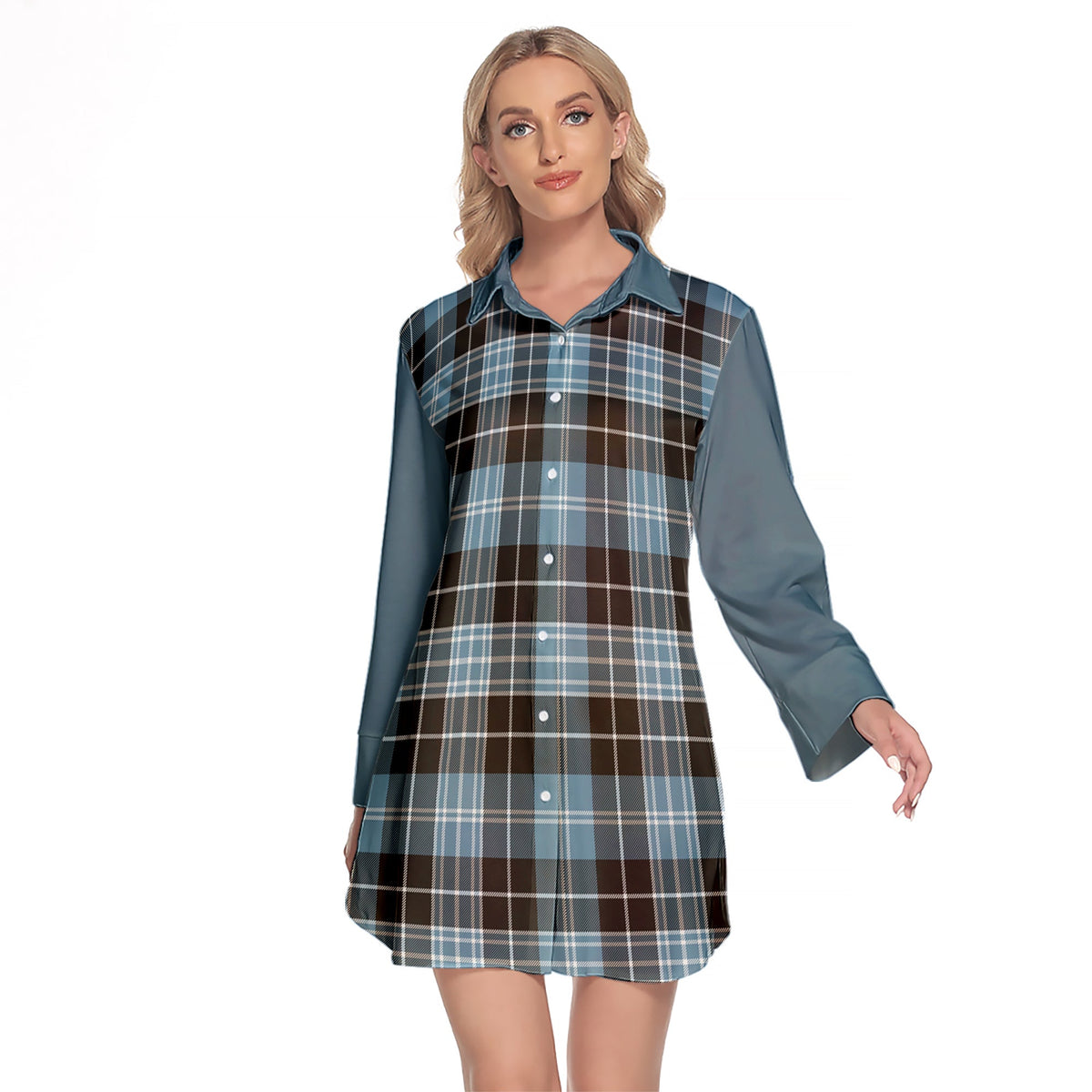 Clark Ancient Tartan Women's Lapel Shirt Dress With Long Sleeve