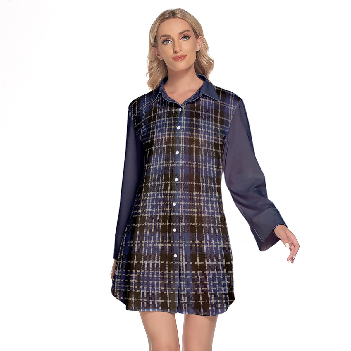 Clark (Lion) Tartan Women's Lapel Shirt Dress With Long Sleeve