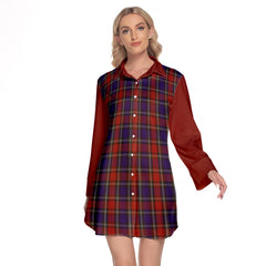 Clark (Lion) Red Tartan Women's Lapel Shirt Dress With Long Sleeve