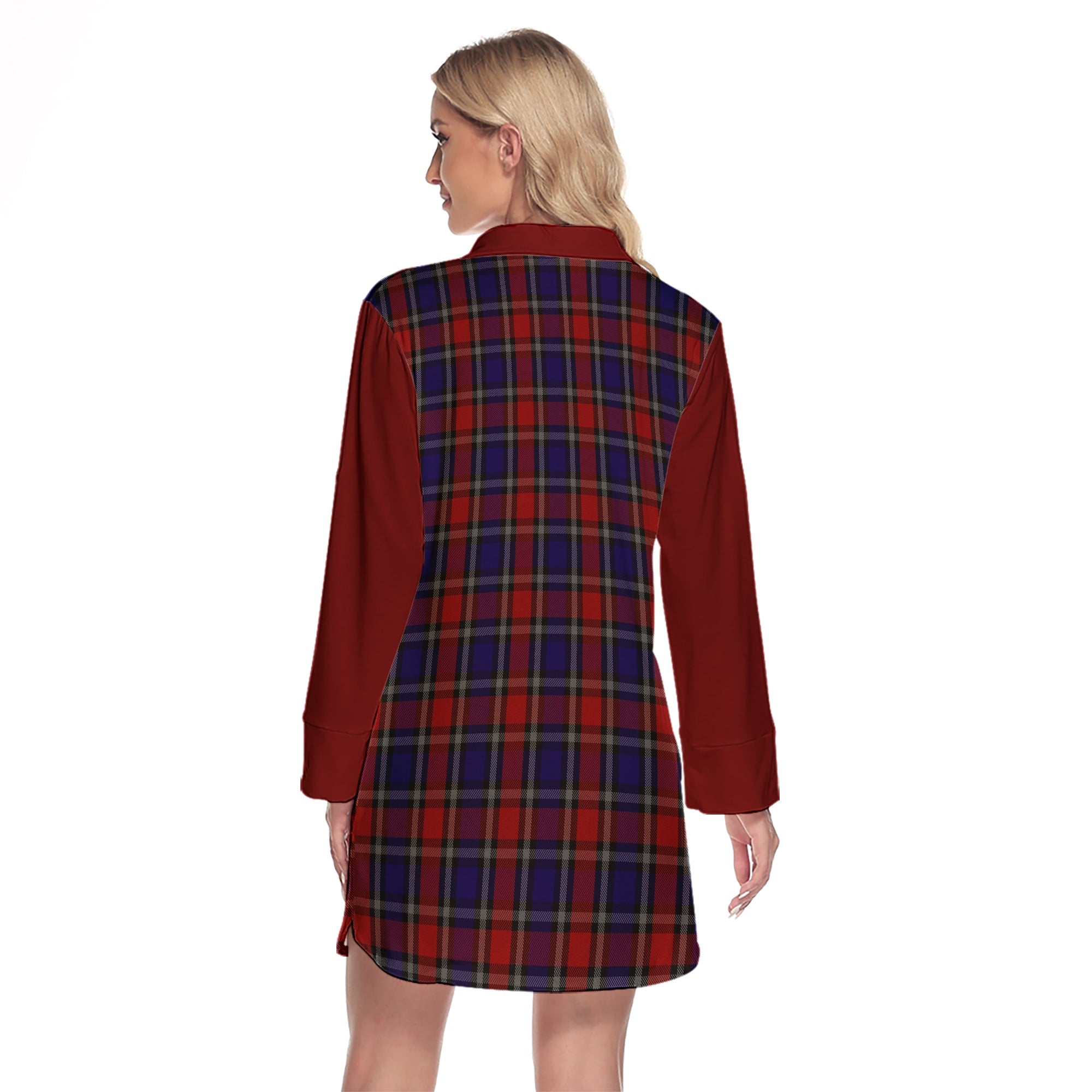 Clark (Lion) Red Tartan Women's Lapel Shirt Dress With Long Sleeve