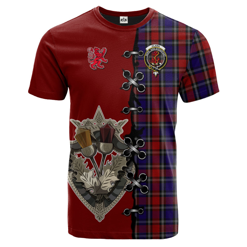 Clark Red Tartan T-shirt - Lion Rampant And Celtic Thistle Style