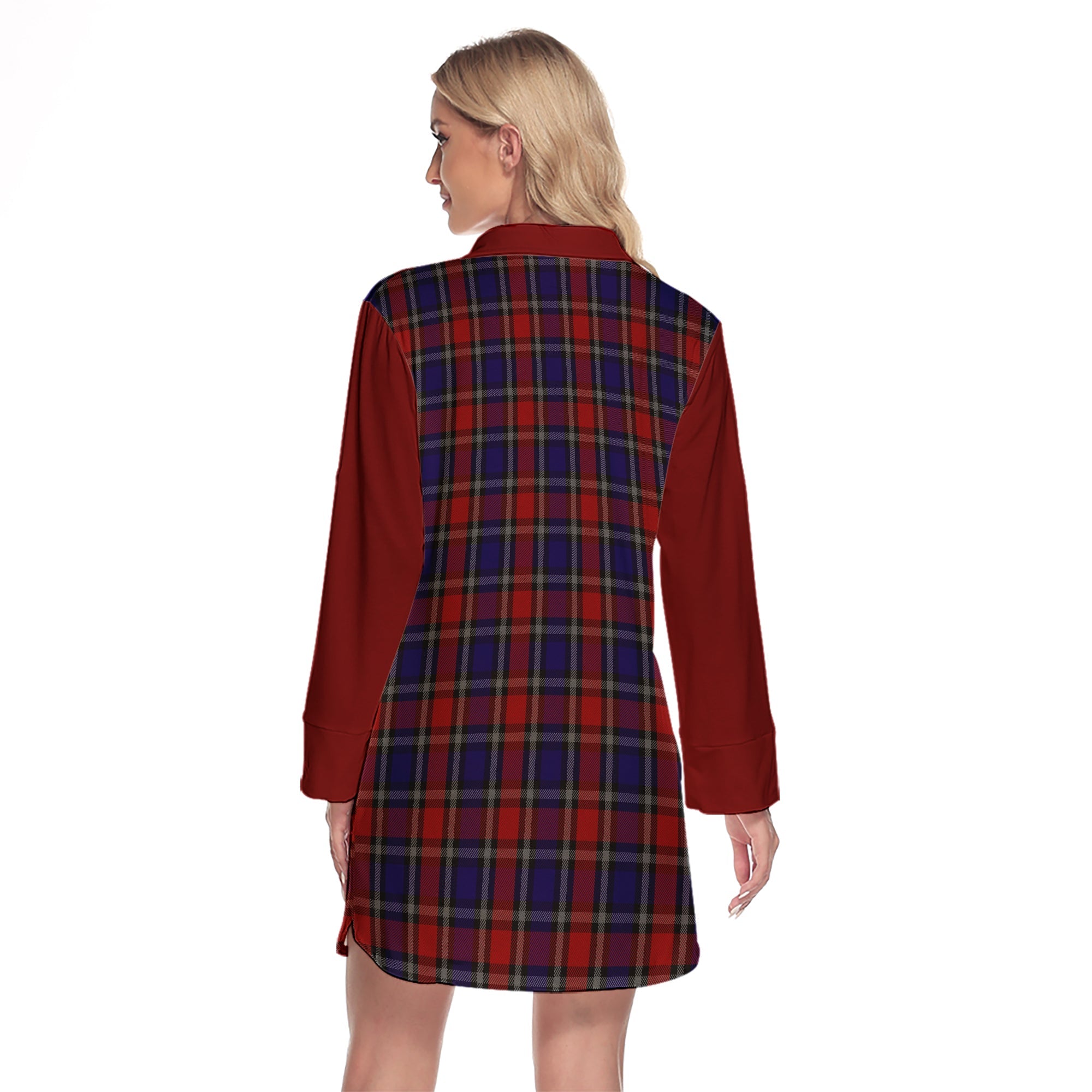 Clark Red Tartan Women's Lapel Shirt Dress With Long Sleeve