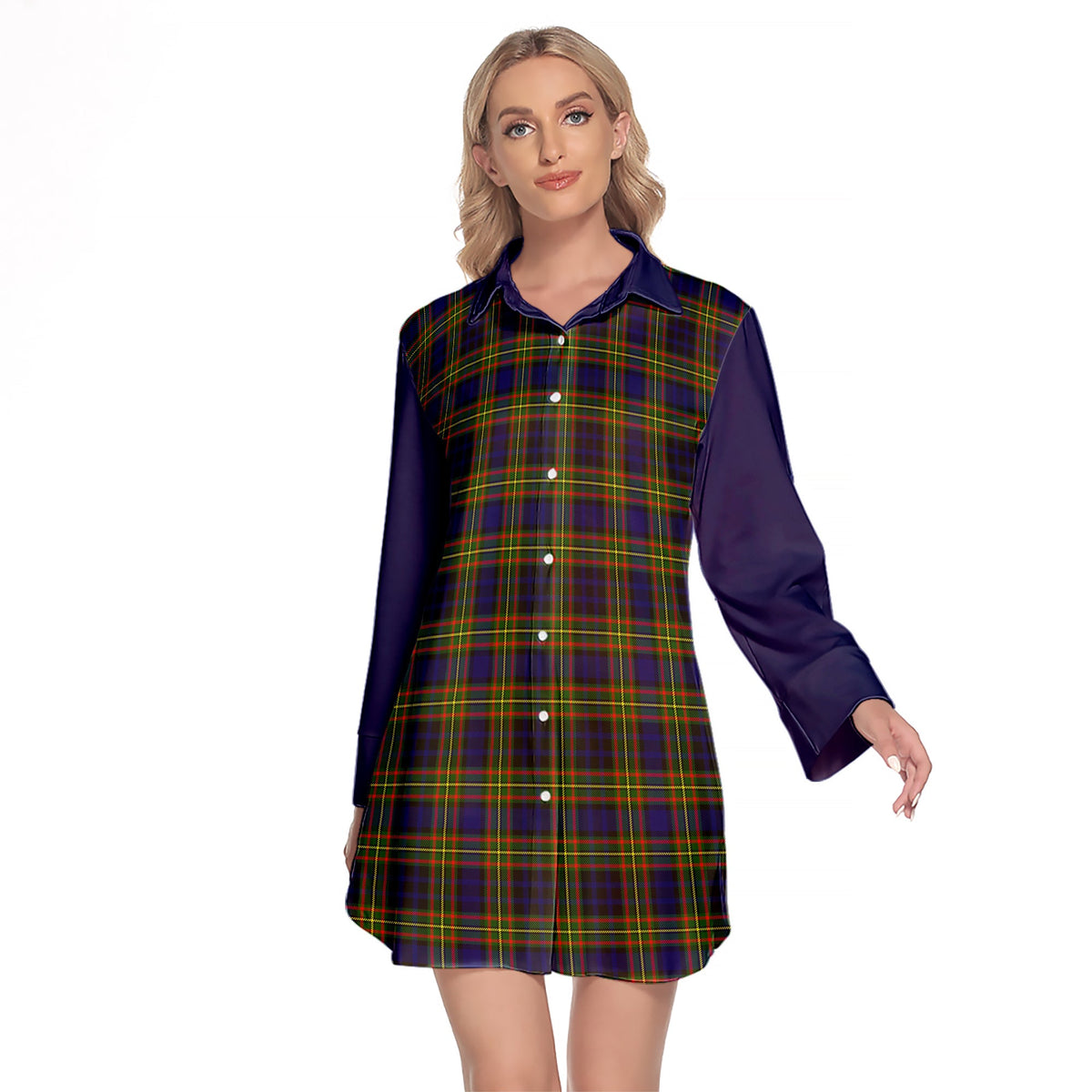 Clelland Modern Tartan Women's Lapel Shirt Dress With Long Sleeve