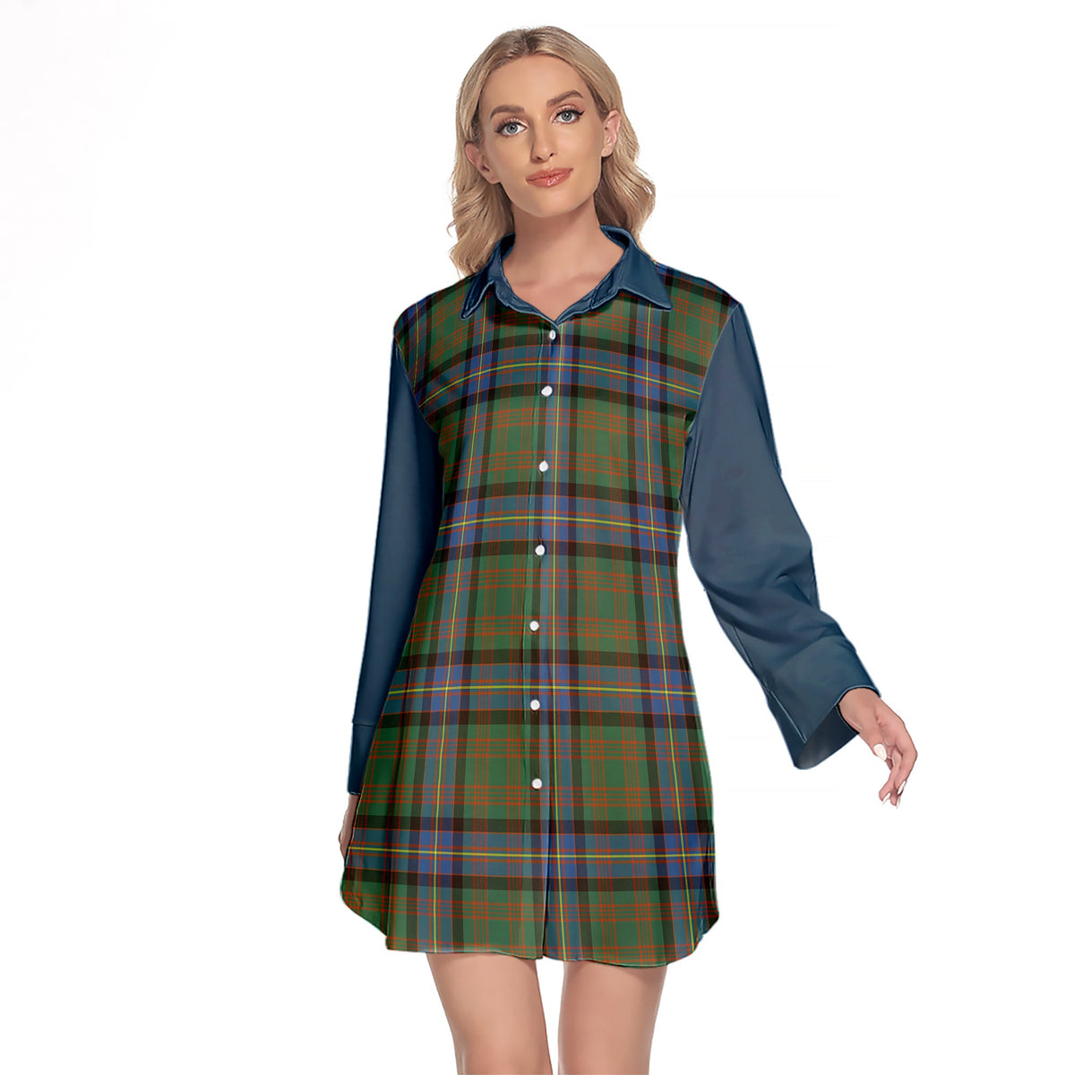 Cochrane Ancient Tartan Women's Lapel Shirt Dress With Long Sleeve