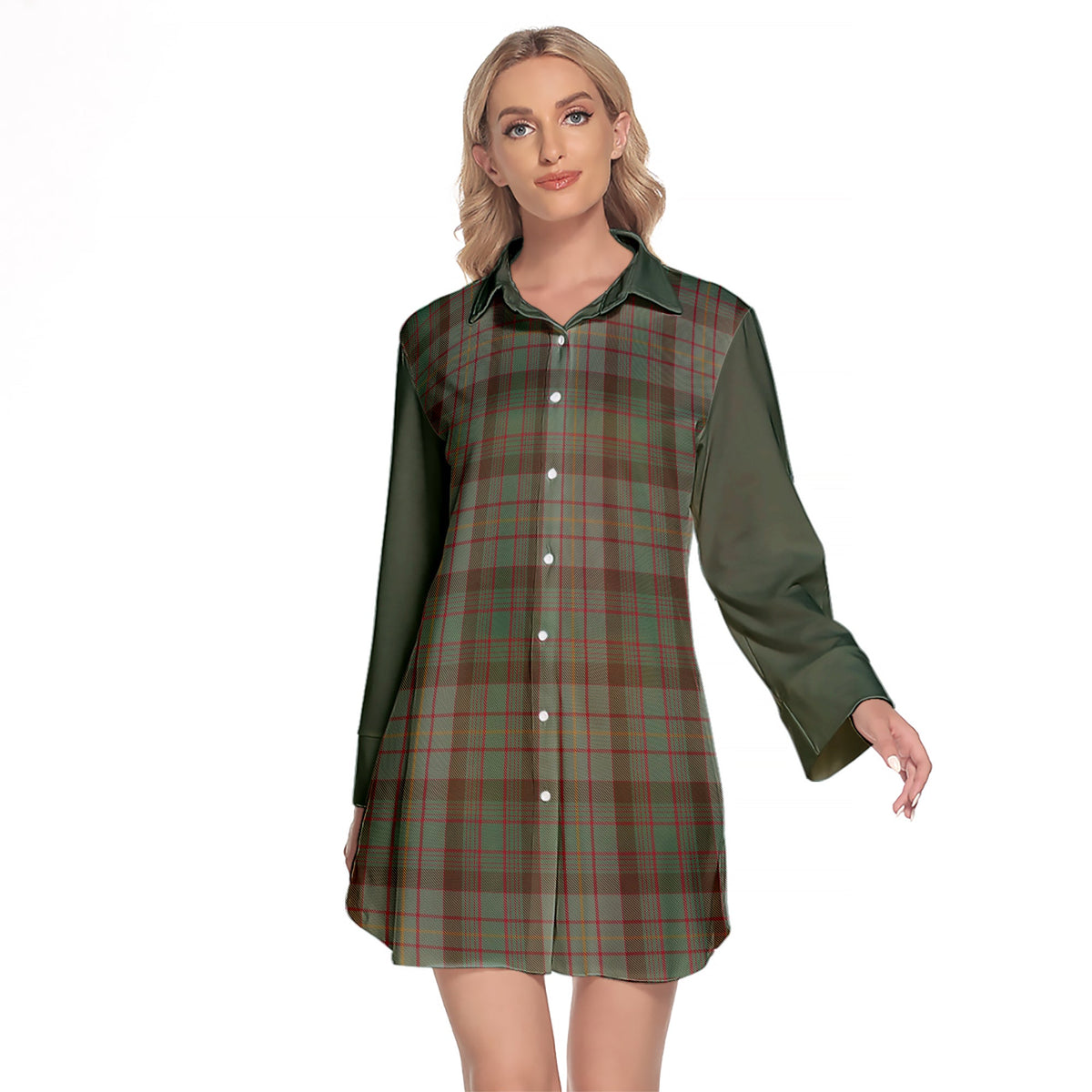 Cochrane Hunting Tartan Women's Lapel Shirt Dress With Long Sleeve