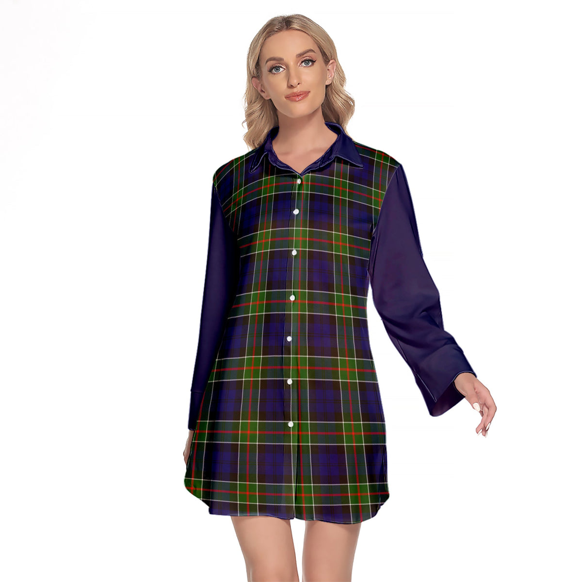 Colquhoun Modern Tartan Women's Lapel Shirt Dress With Long Sleeve